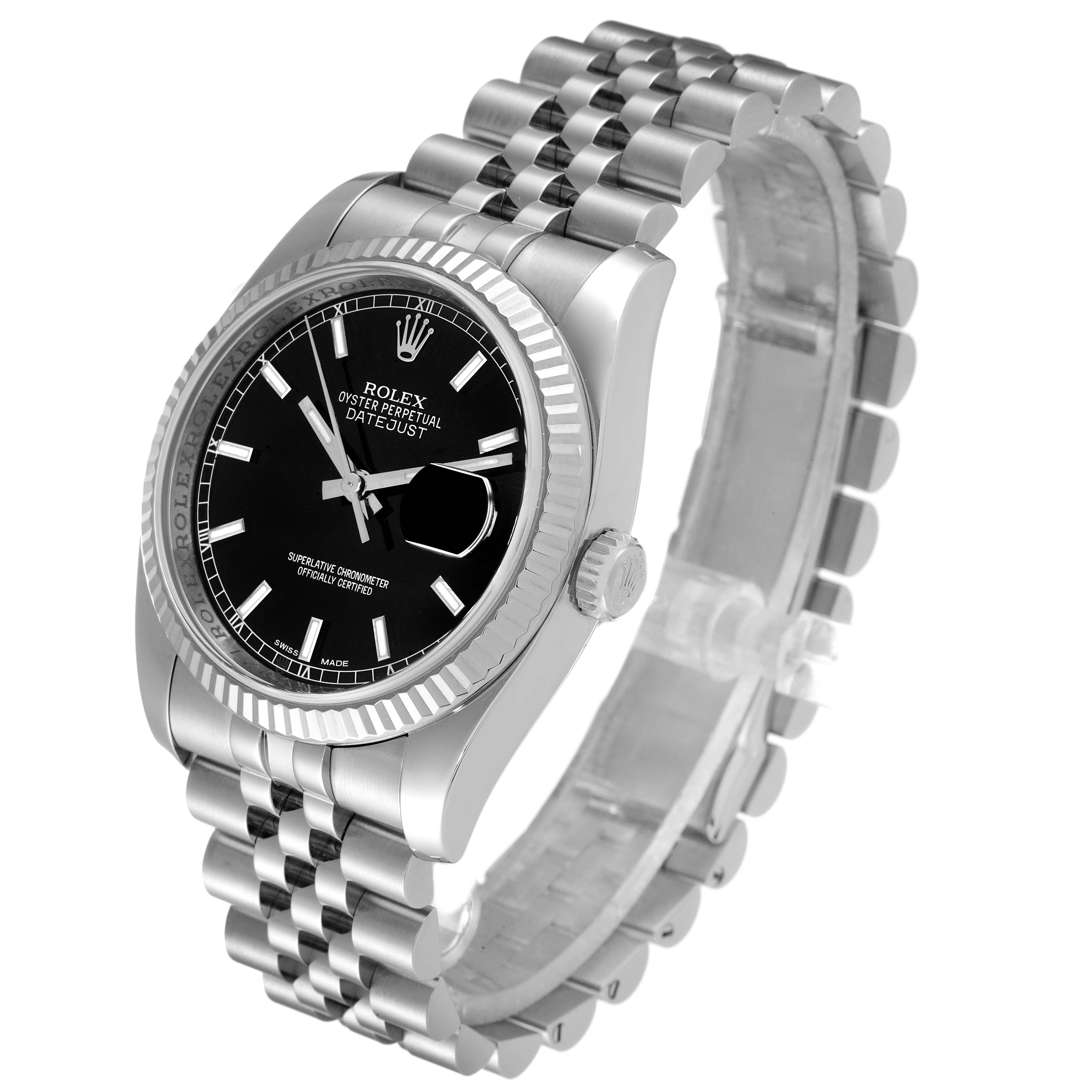 This image shows a Rolex Datejust 116234 Men's Stainless Steel Black Dial 116234 Men's Stainless Steel Black Dial watch at a slight angle, highlighting its black dial, fluted bezel, and Jubilee bracelet.