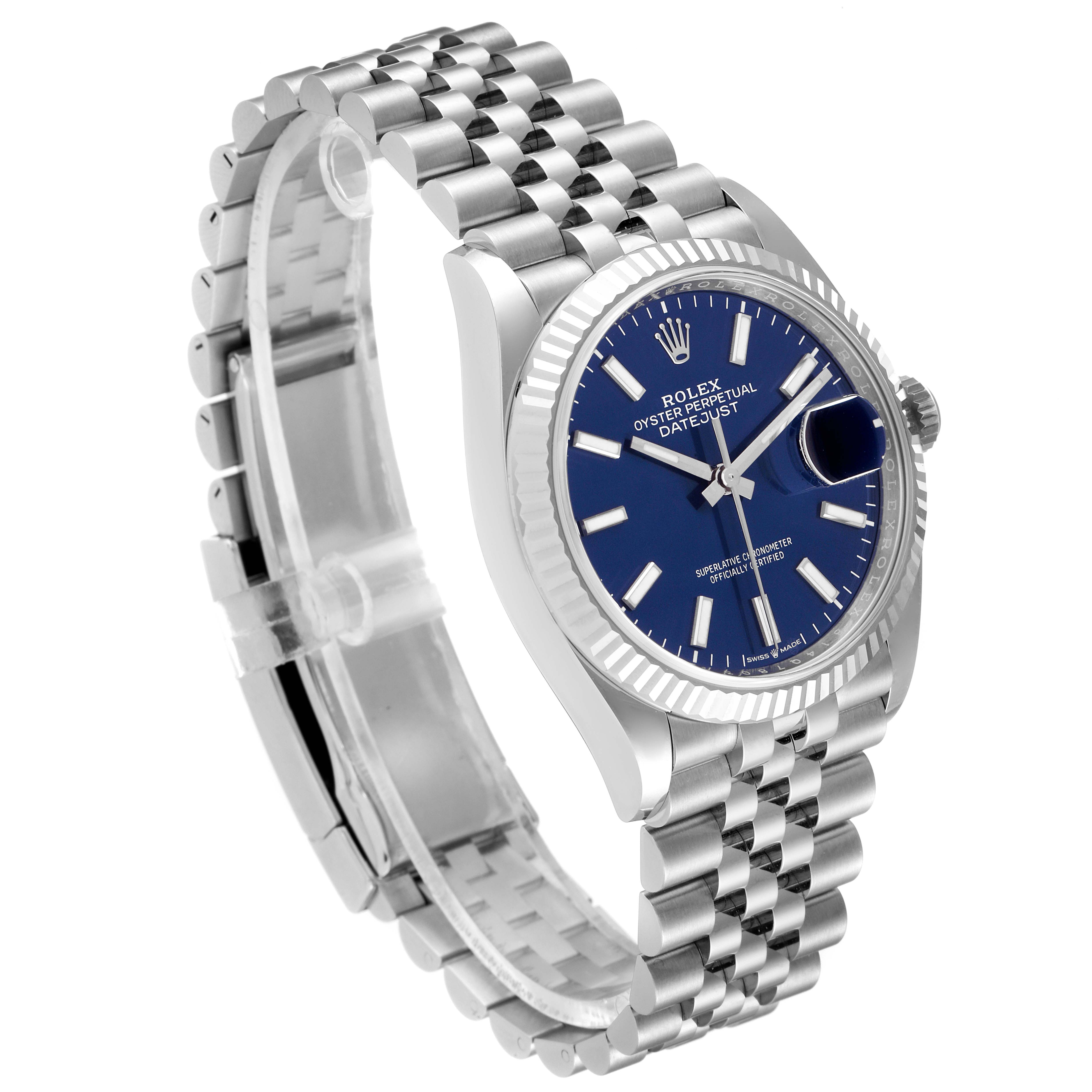 The image shows a Rolex Datejust 126234 Men's Stainless Steel Blue Dial 126234 Men's Stainless Steel Blue Dial watch at a tilted angle, highlighting its dial, bezel, crown, and bracelet.