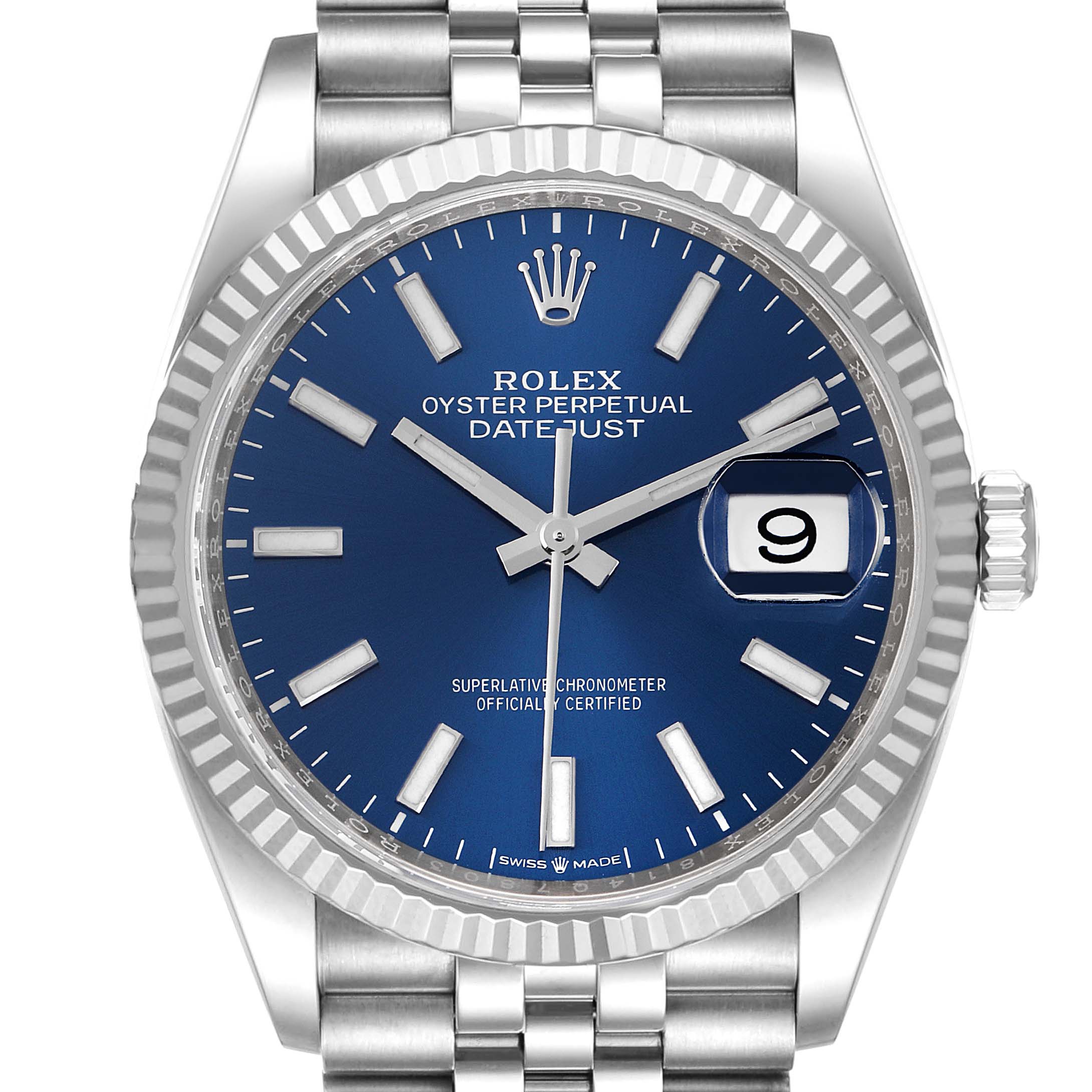 The image shows a front view of a Rolex Datejust 126234 Men's Stainless Steel Blue Dial 126234 Men's Stainless Steel Blue Dial watch, highlighting its blue dial, fluted bezel, and jubilee bracelet.