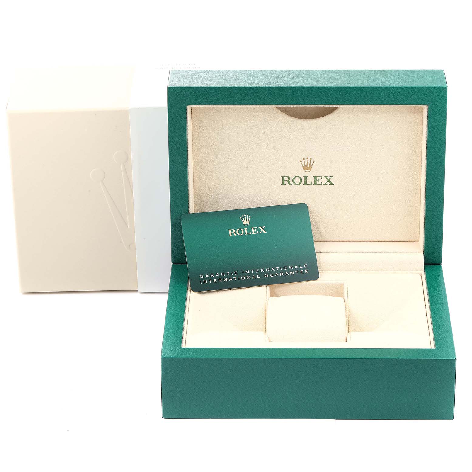 The image shows the packaging and warranty card for a Rolex Datejust 126234 Men's Stainless Steel Blue Dial 126234 Men's Stainless Steel Blue Dial watch, with the box lid open.