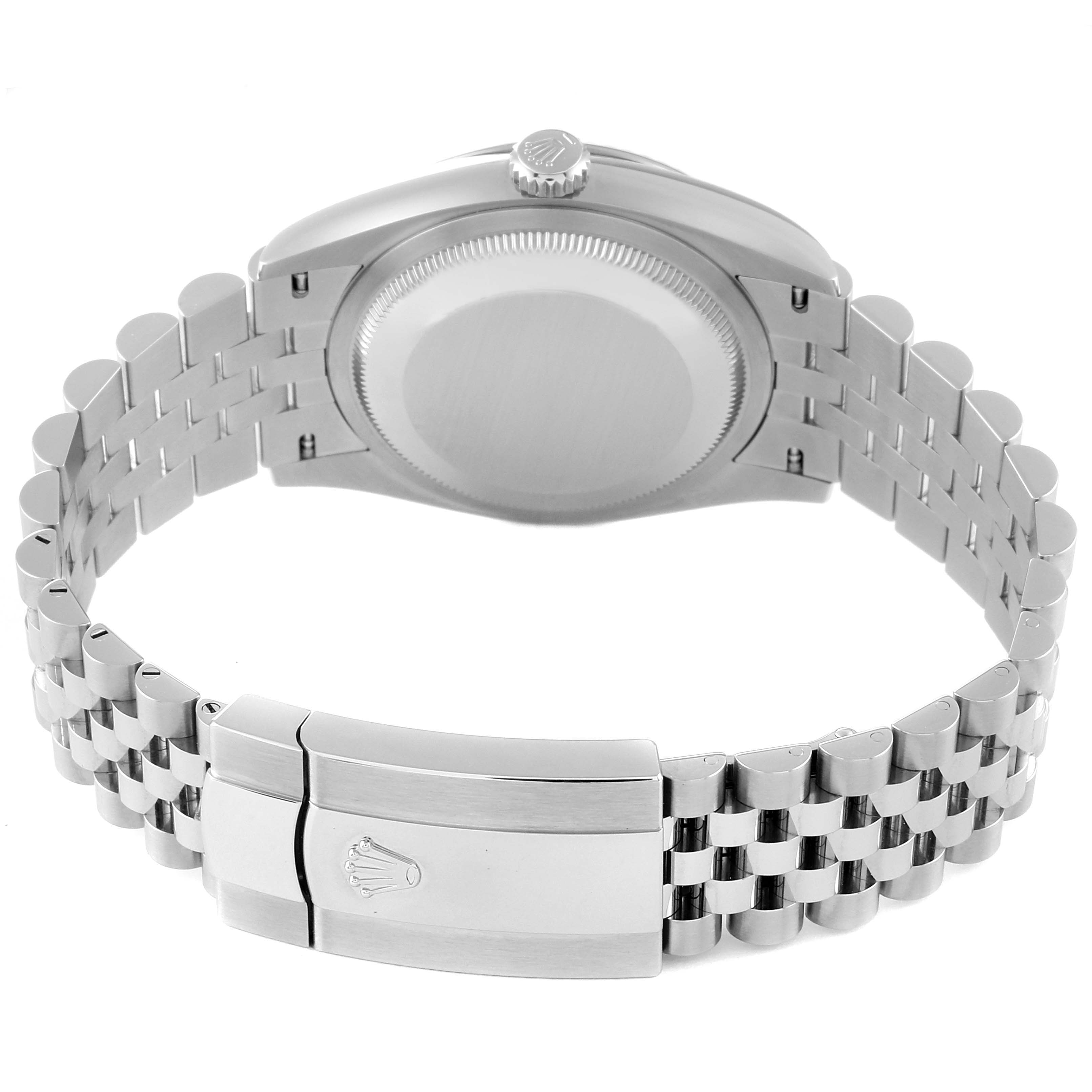 This Rolex Datejust 126234 Men's Stainless Steel Blue Dial 126234 Men's Stainless Steel Blue Dial watch is shown from the back, highlighting the case, crown, and closed Jubilee bracelet clasp.