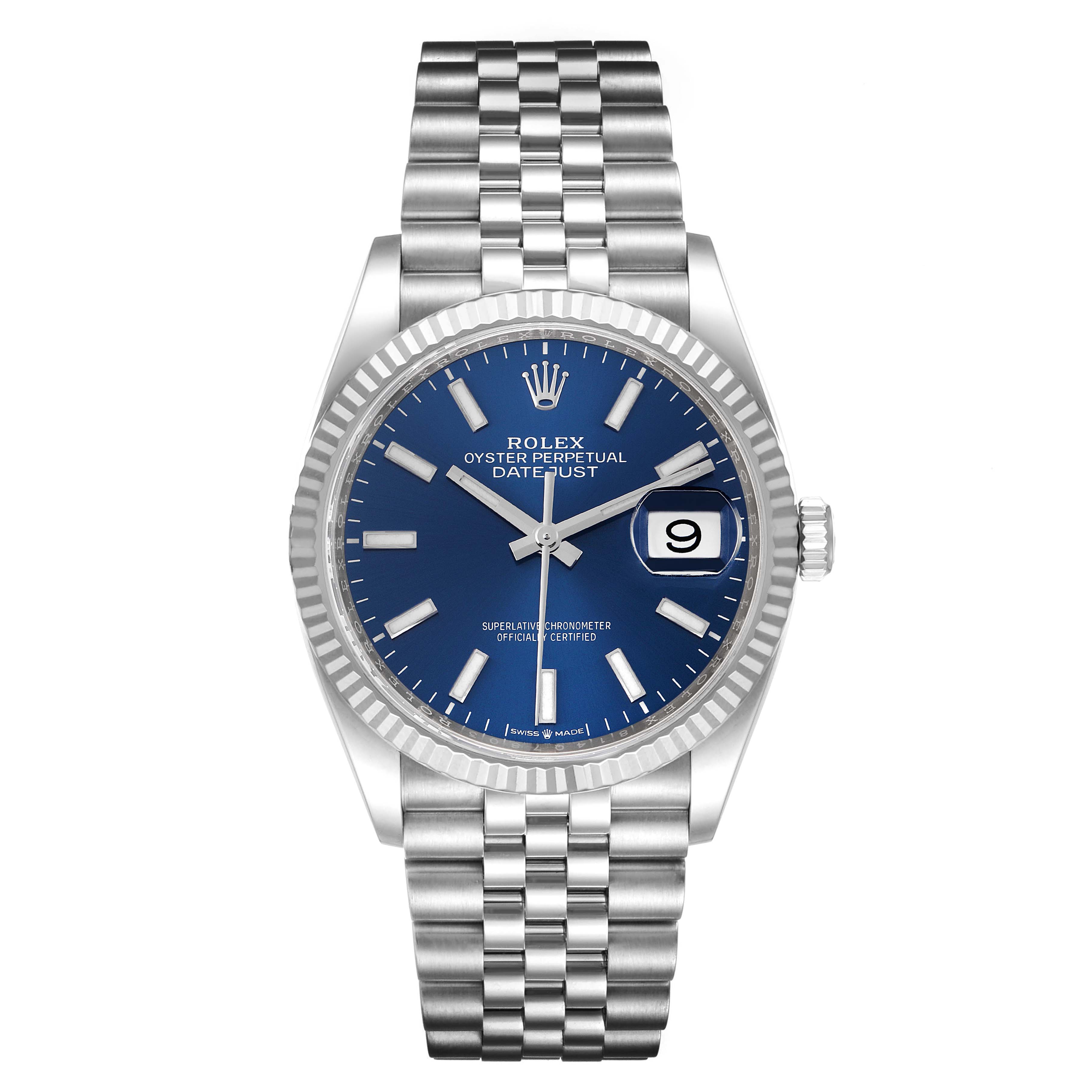 The image shows a Rolex Datejust 126234 Men's Stainless Steel Blue Dial 126234 Men's Stainless Steel Blue Dial watch with a blue dial and Jubilee bracelet, viewed from the front.