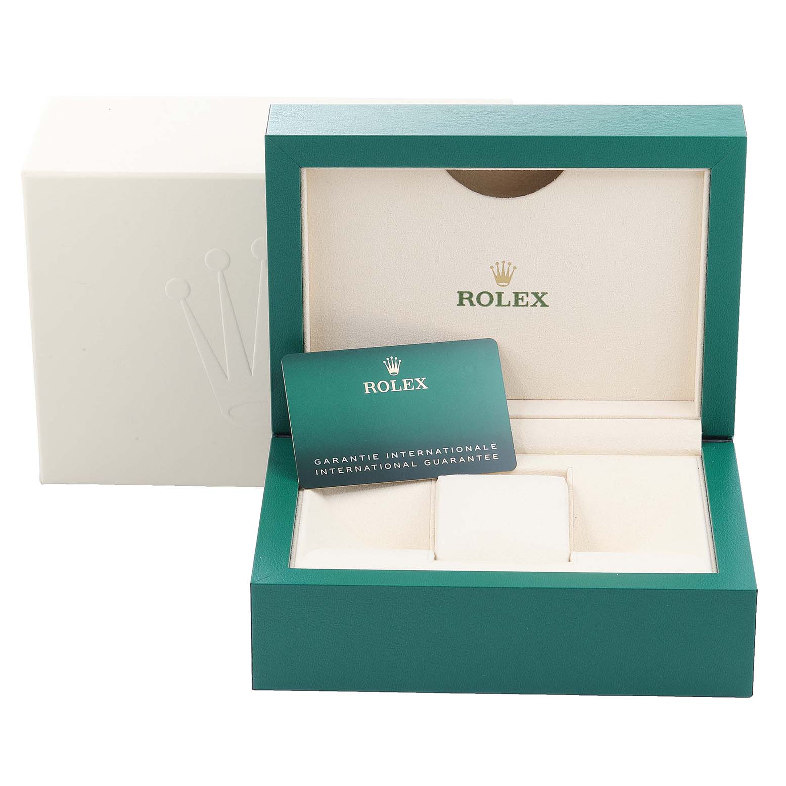 The image shows an open Rolex Datejust 126234 Men's Stainless Steel Blue Dial 126234 Men's Stainless Steel Blue Dial watch box with an international guarantee card and display compartments.