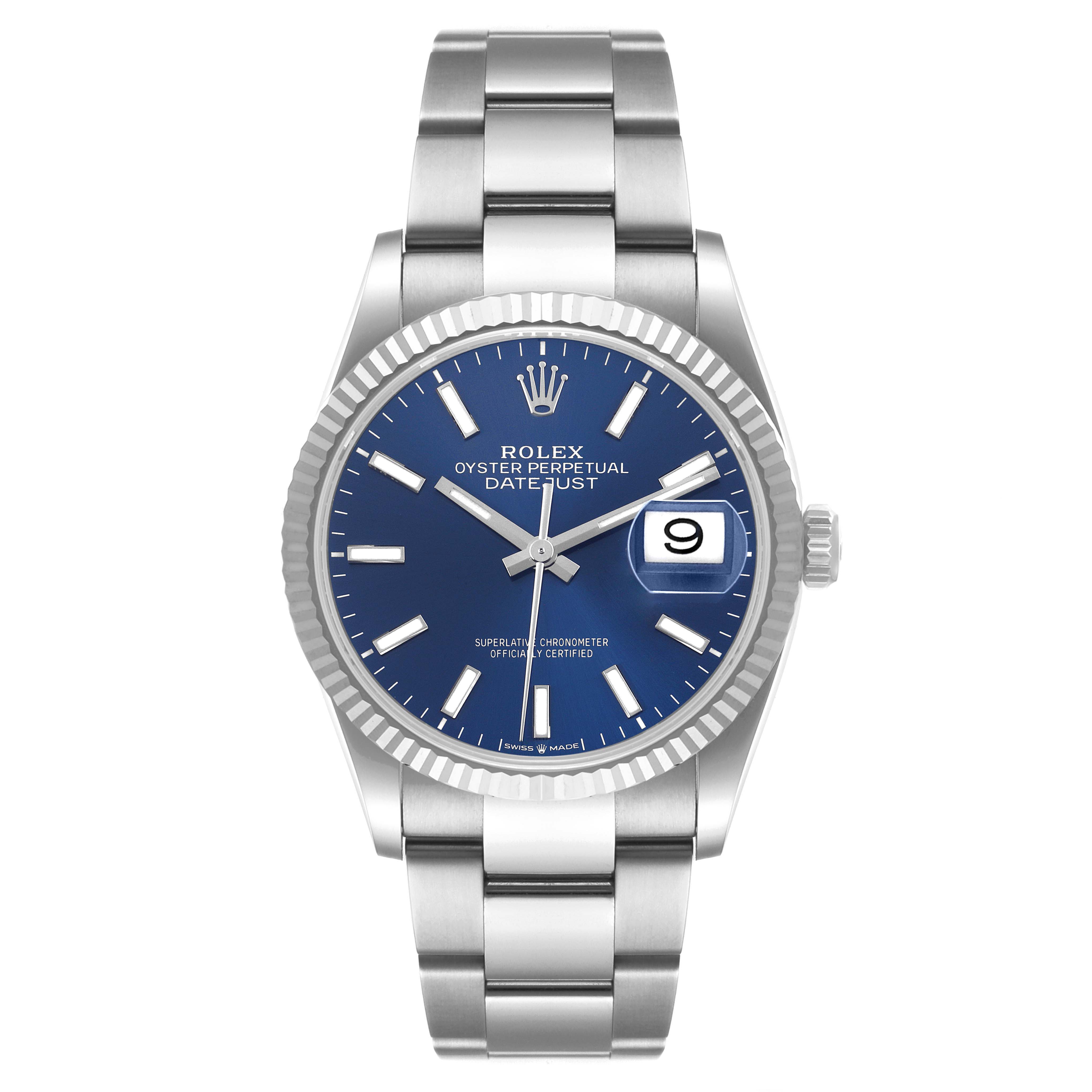 This is a front view of a Rolex Datejust 126234 Men's Stainless Steel Blue Dial 126234 Men's Stainless Steel Blue Dial watch showing the dial, bezel, bracelet, hands, and date window.