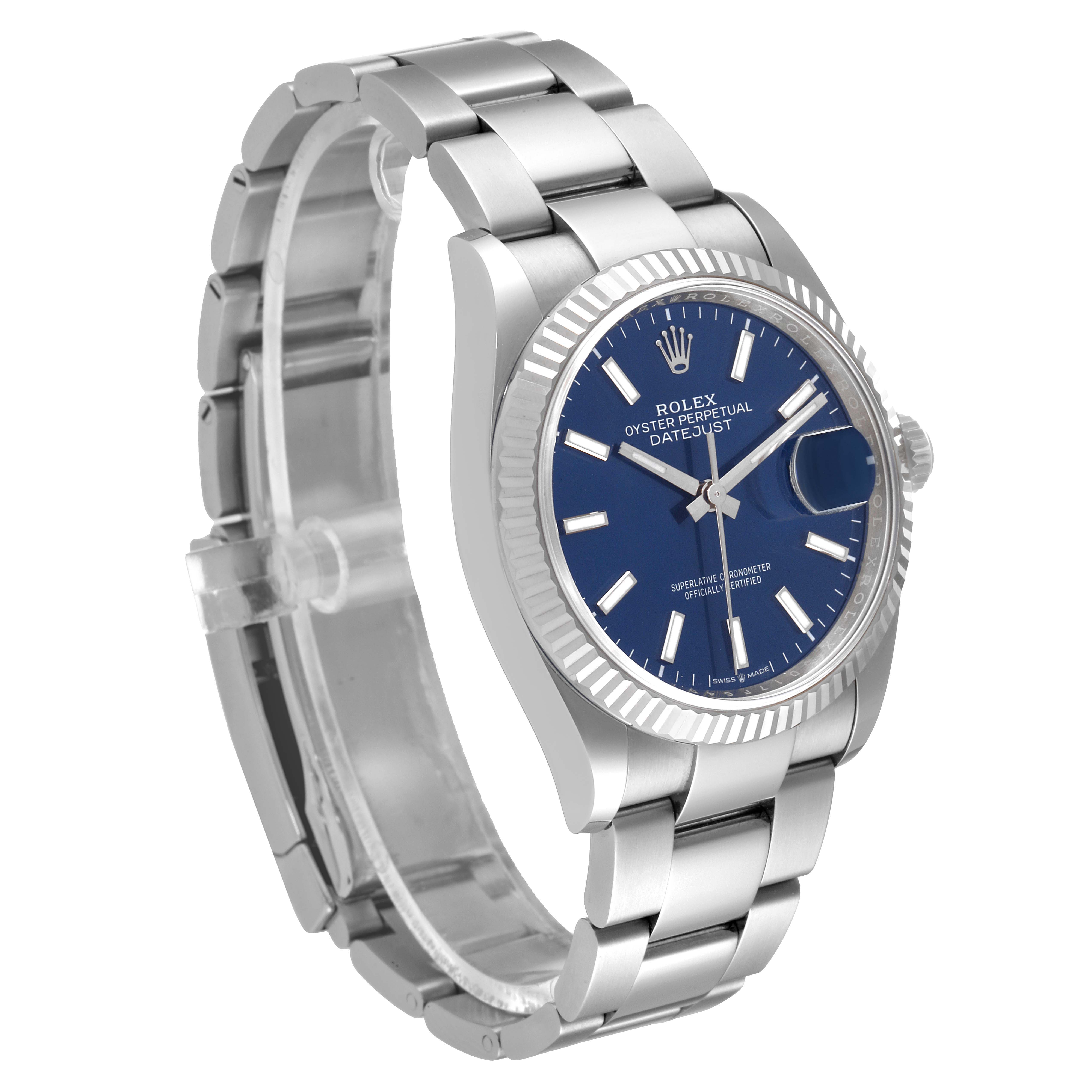 The image shows a side angle of a Rolex Datejust 126234 Men's Stainless Steel Blue Dial 126234 Men's Stainless Steel Blue Dial watch, highlighting the blue dial, fluted bezel, and bracelet.