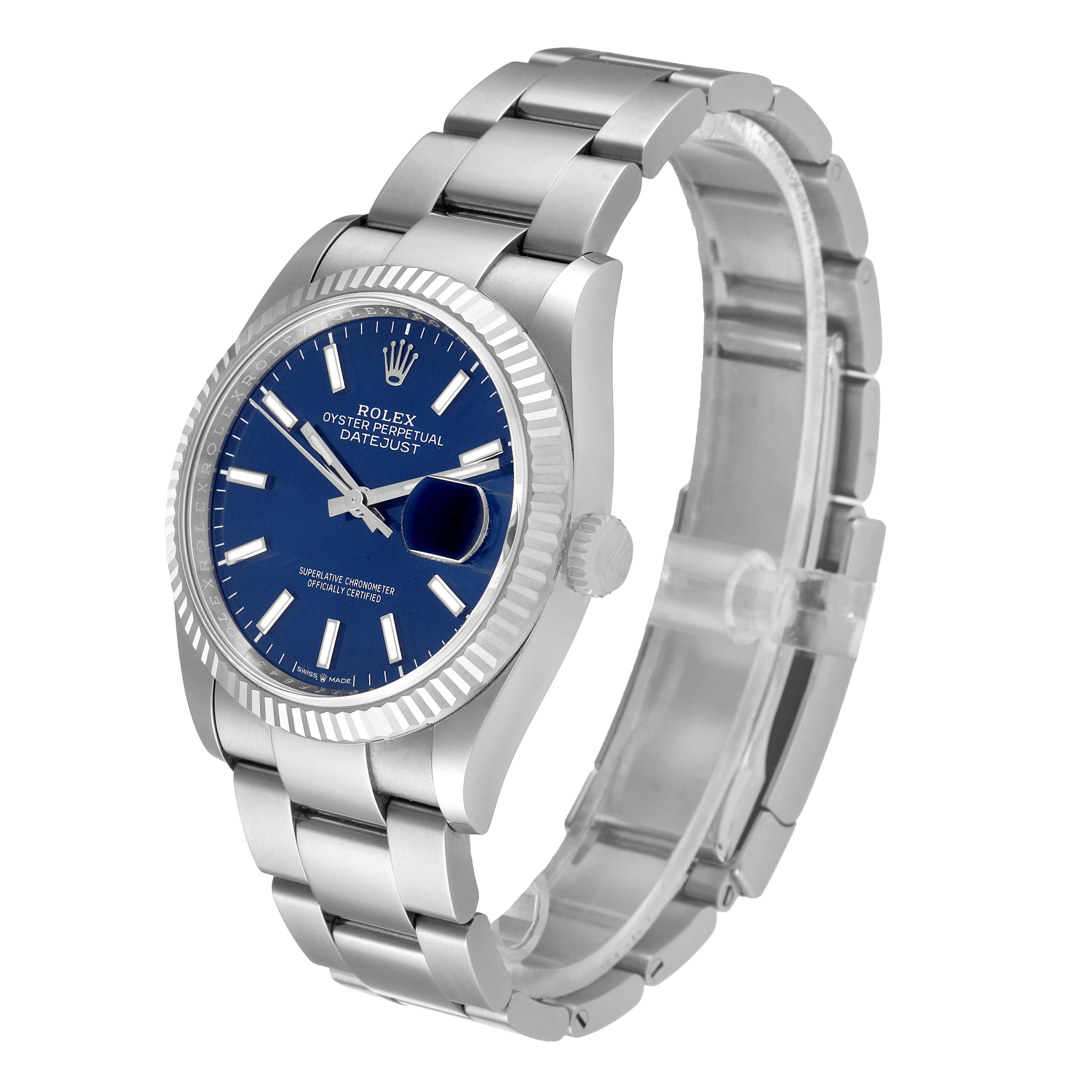 This image shows a Rolex Datejust 126234 Men's Stainless Steel Blue Dial 126234 Men's Stainless Steel Blue Dial watch from a side angle, highlighting the face, bezel, crown, and part of the bracelet.