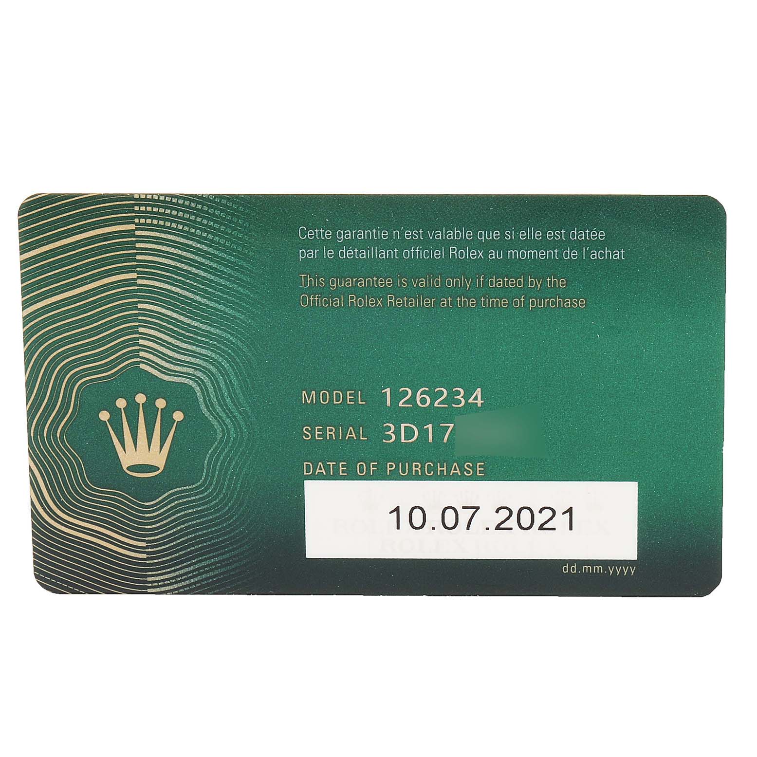 This image shows the warranty card for a Rolex Datejust 126234 Men's Stainless Steel Blue Dial 126234 Men's Stainless Steel Blue Dial model 126234, including its serial number and date of purchase.