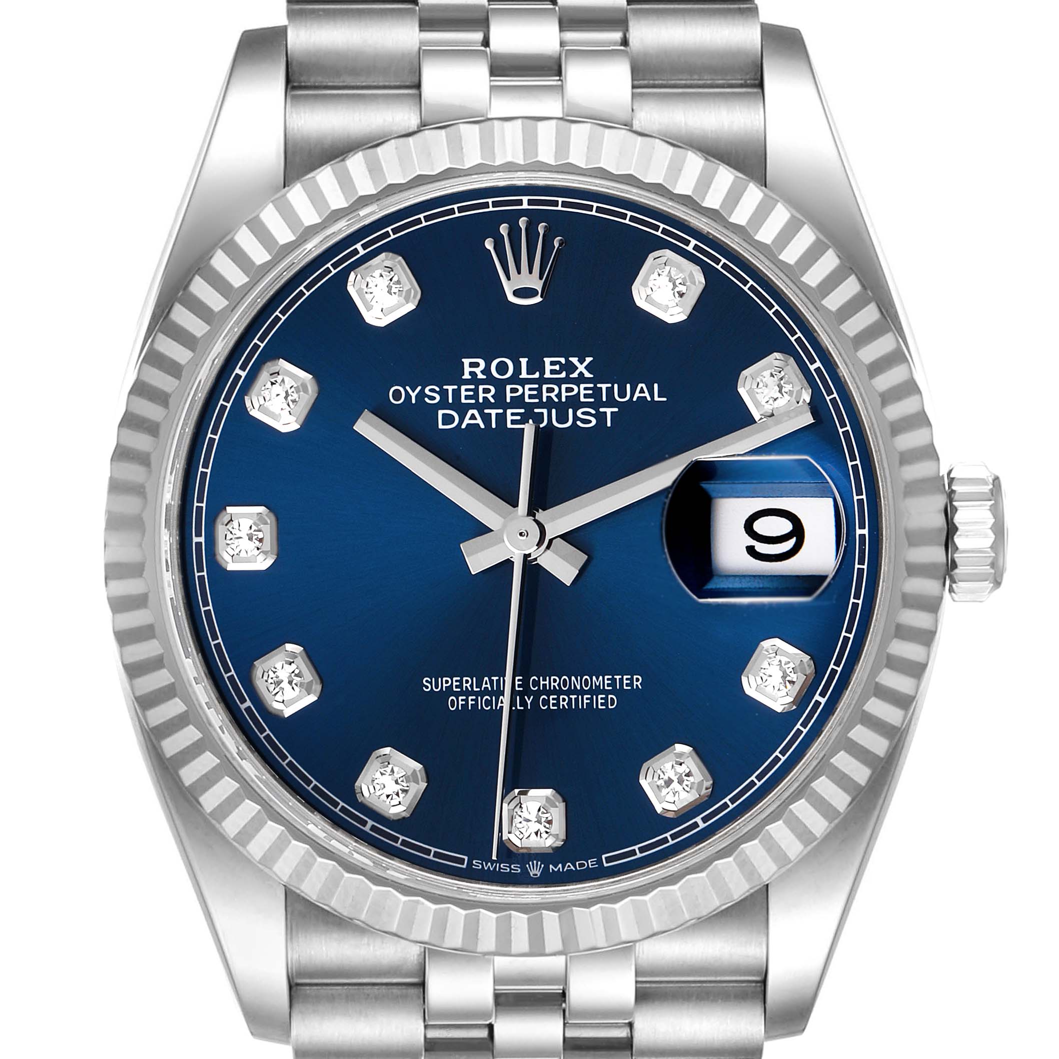The image shows a frontal view of the blue dial Rolex Datejust 126234 Men's Stainless Steel Blue Dial 126234 Men's Stainless Steel Blue Dial, highlighting the fluted bezel, date window, and diamond hour markers.