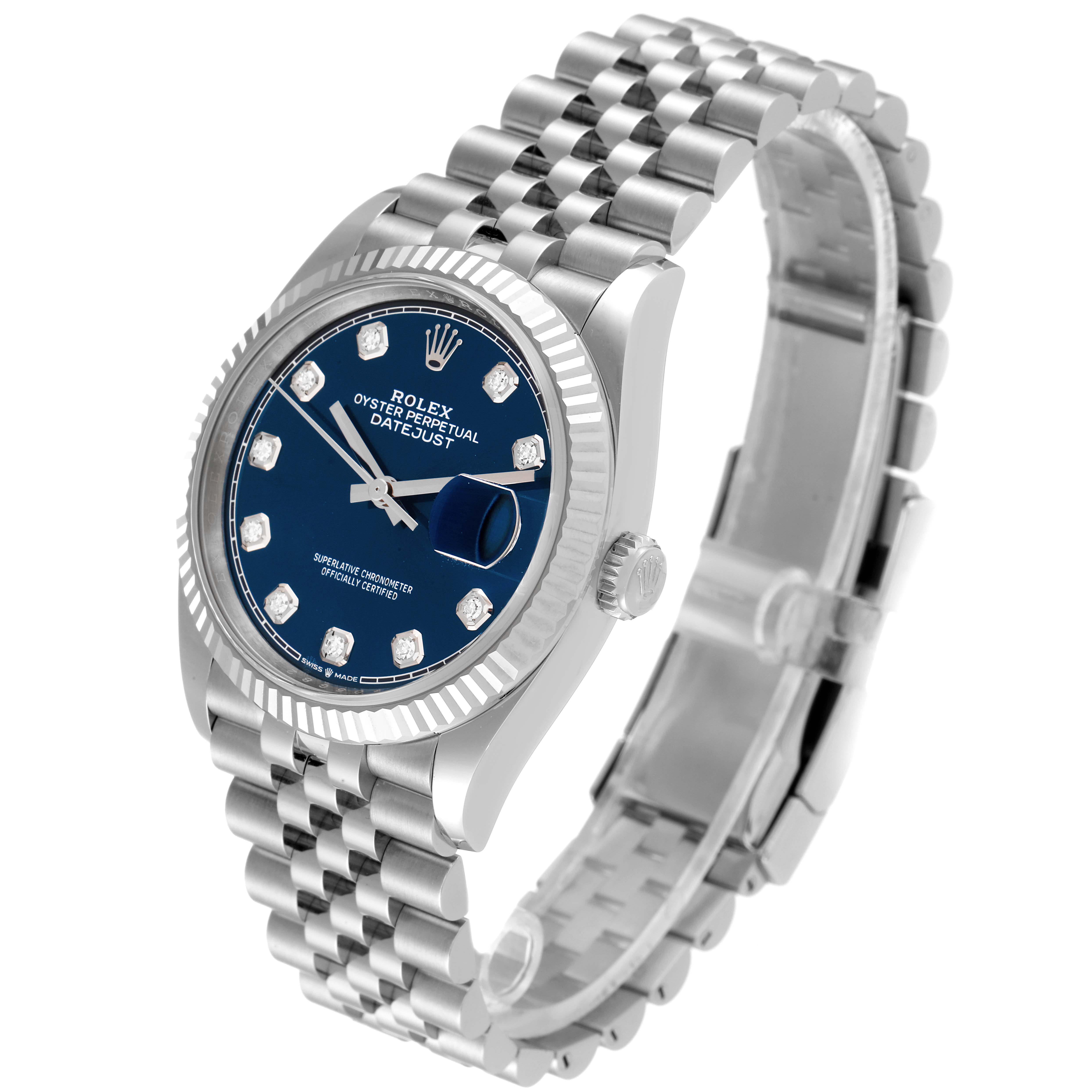 This image shows a Rolex Datejust 126234 Men's Stainless Steel Blue Dial 126234 Men's Stainless Steel Blue Dial watch at an angle highlighting the dial, case, and link bracelet.
