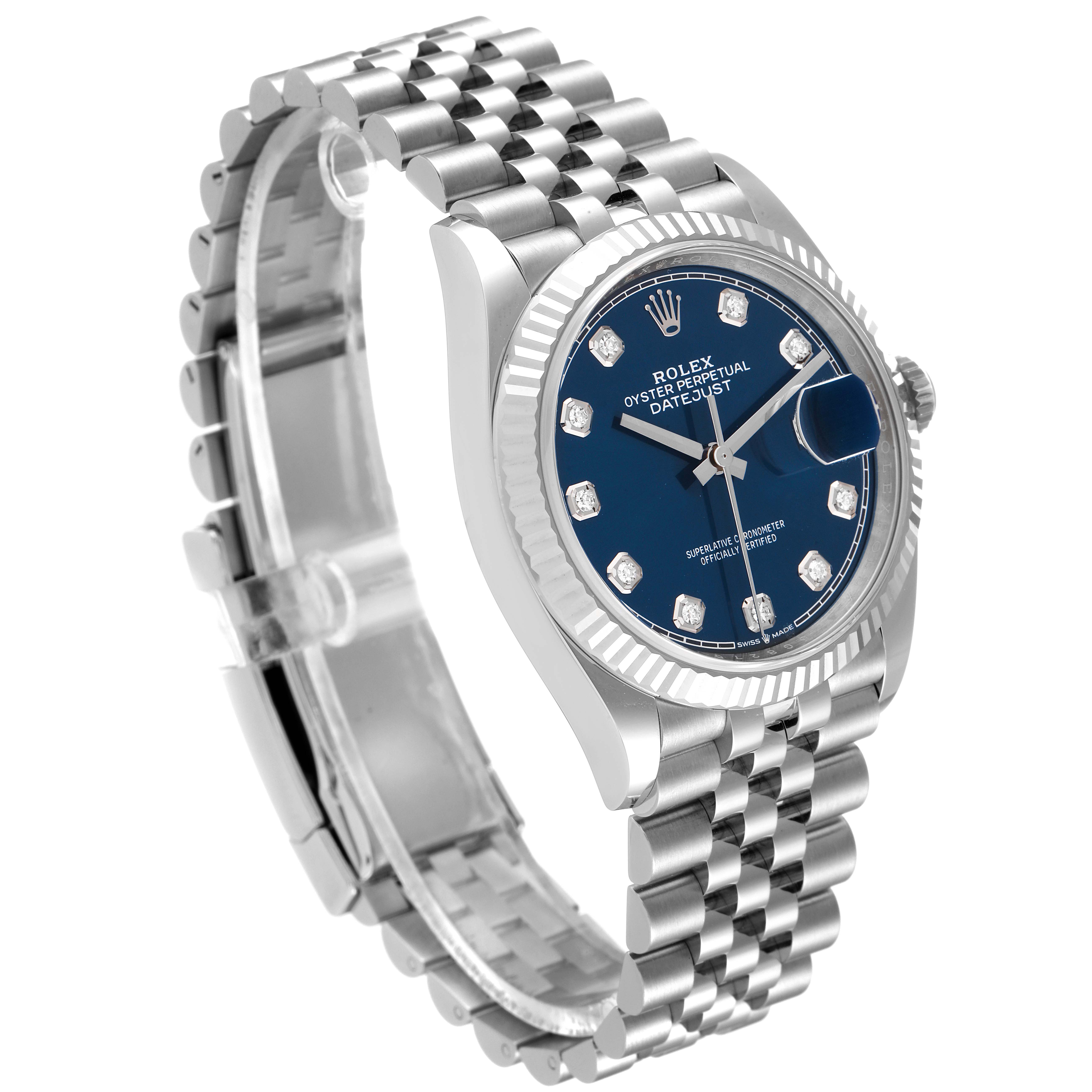 This image shows a Rolex Datejust 126234 Men's Stainless Steel Blue Dial 126234 Men's Stainless Steel Blue Dial watch at a 3/4 angle, highlighting the blue dial, bezel, and metal bracelet.