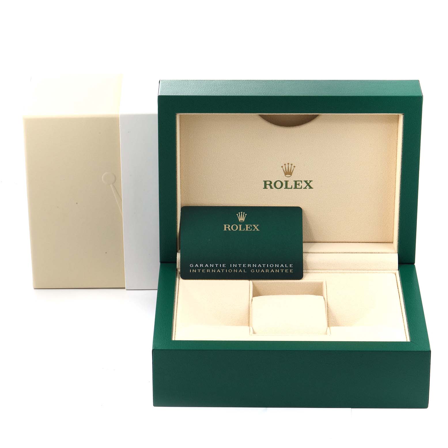 The image shows an open Rolex Datejust 126234 Men's Stainless Steel Blue Dial 126234 Men's Stainless Steel Blue Dial watch box with a guarantee card.