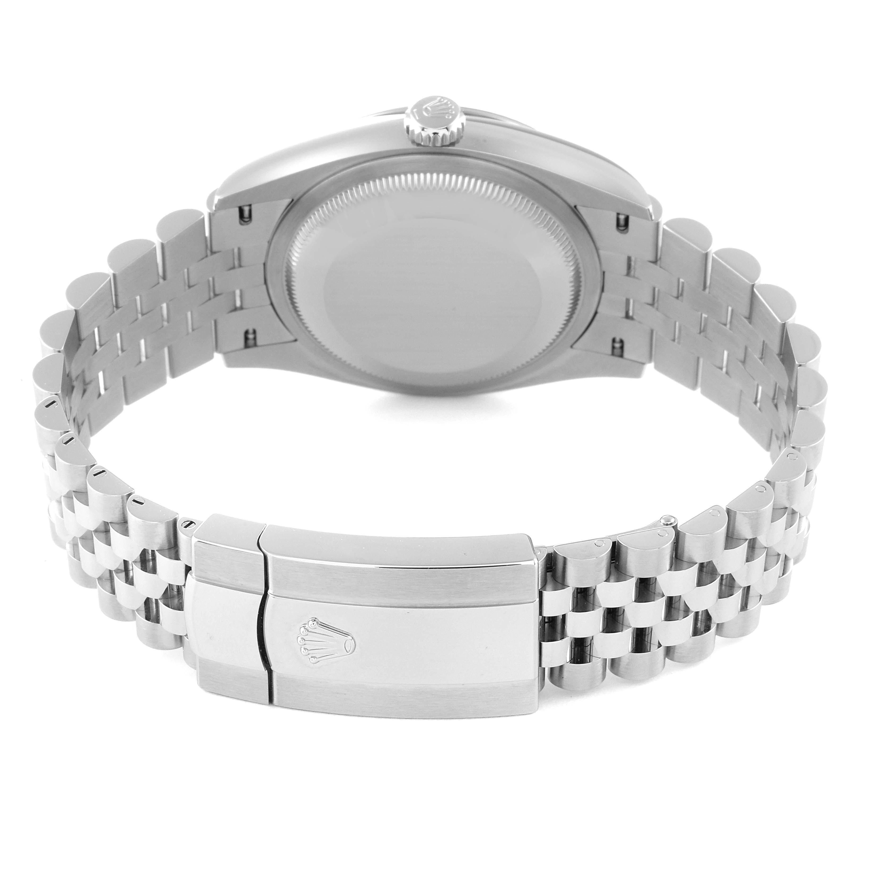 This image shows the back view of a Rolex Datejust 126234 Men's Stainless Steel Blue Dial 126234 Men's Stainless Steel Blue Dial watch, including the case back and jubilee bracelet with the clasp.