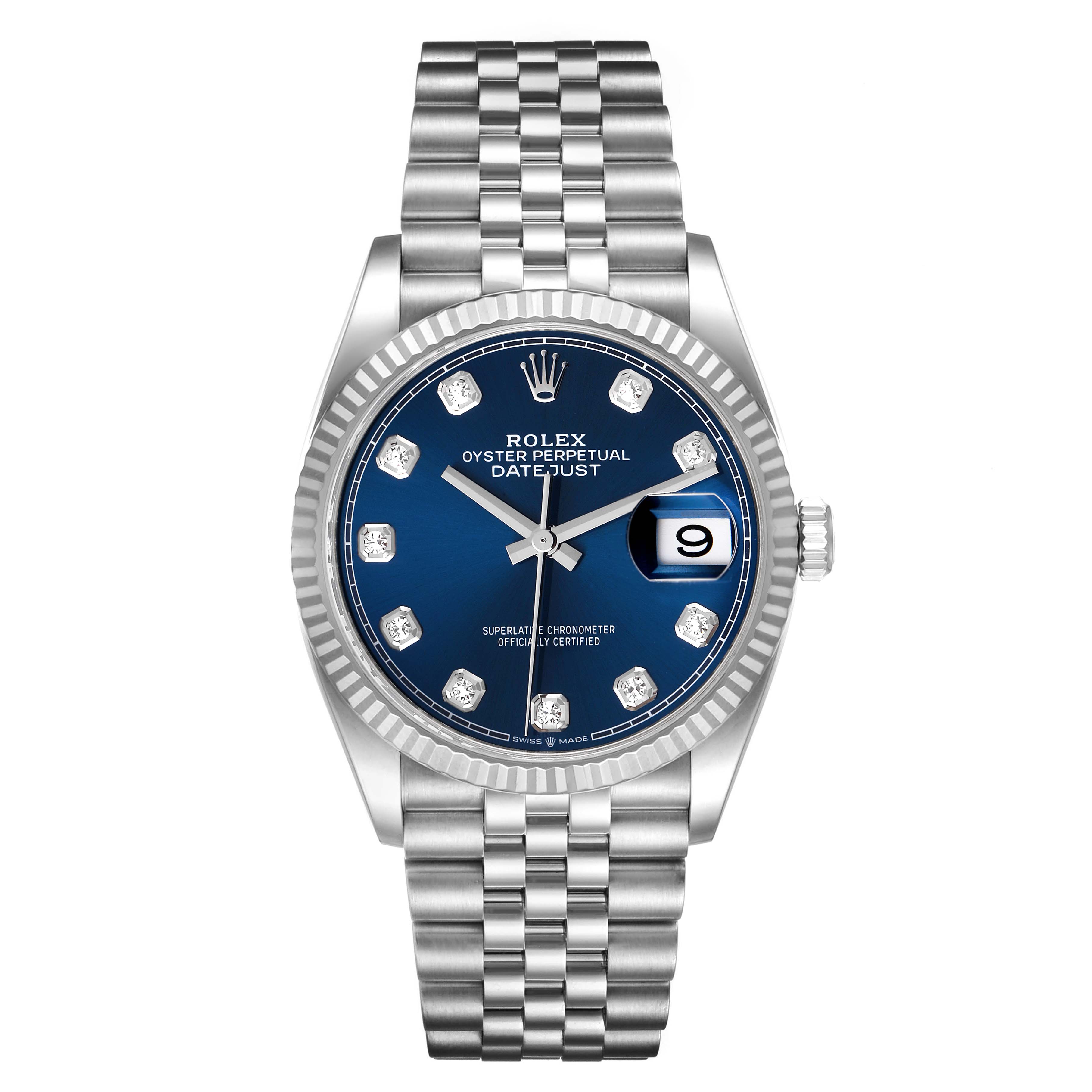 The Rolex Datejust 126234 Men's Stainless Steel Blue Dial 126234 Men's Stainless Steel Blue Dial watch is shown from a front view, displaying the blue dial, diamond hour markers, and jubilee bracelet.