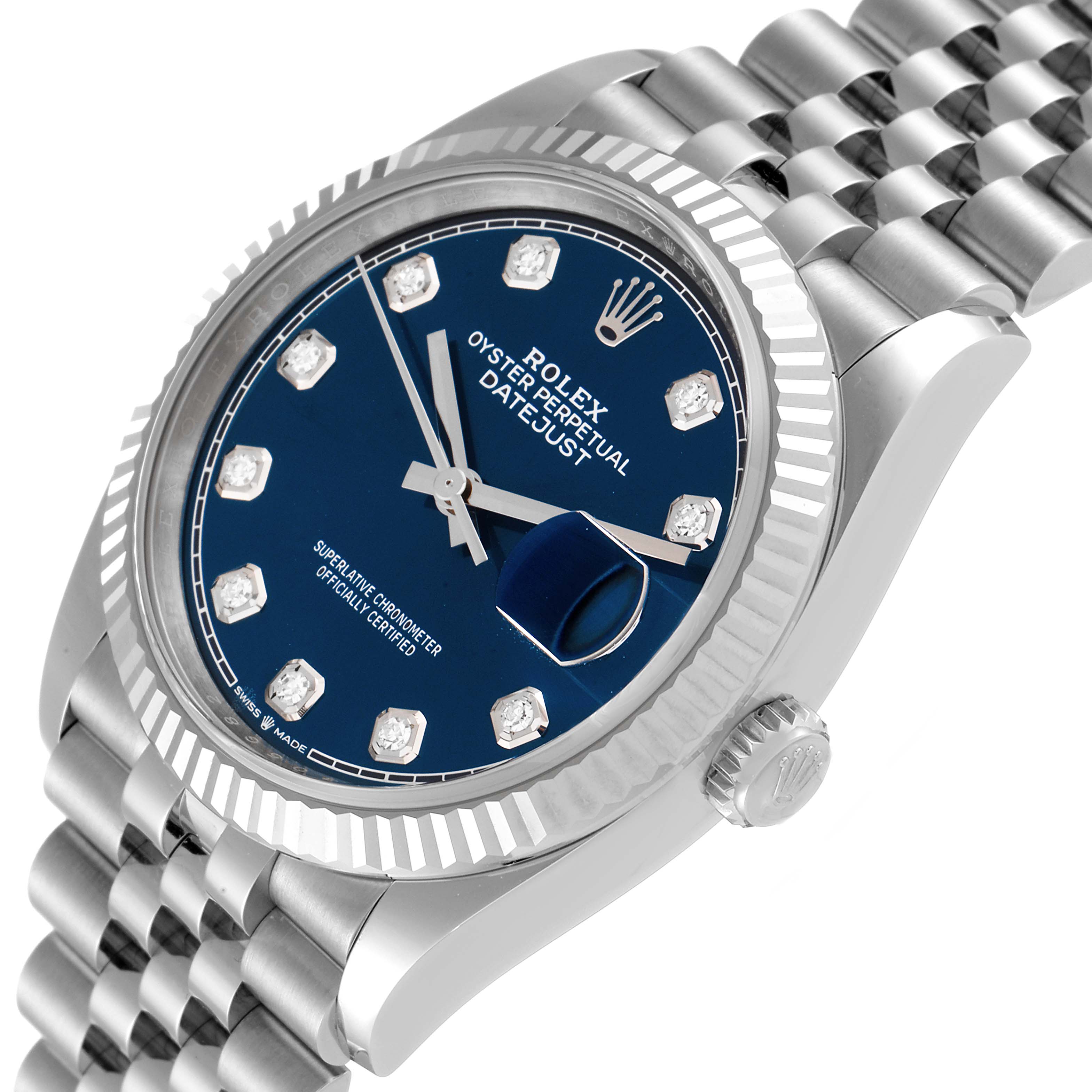 The image shows a close-up angled view of a Rolex Datejust 126234 Men's Stainless Steel Blue Dial 126234 Men's Stainless Steel Blue Dial watch, highlighting the blue dial, fluted bezel, and part of the stainless steel bracelet.