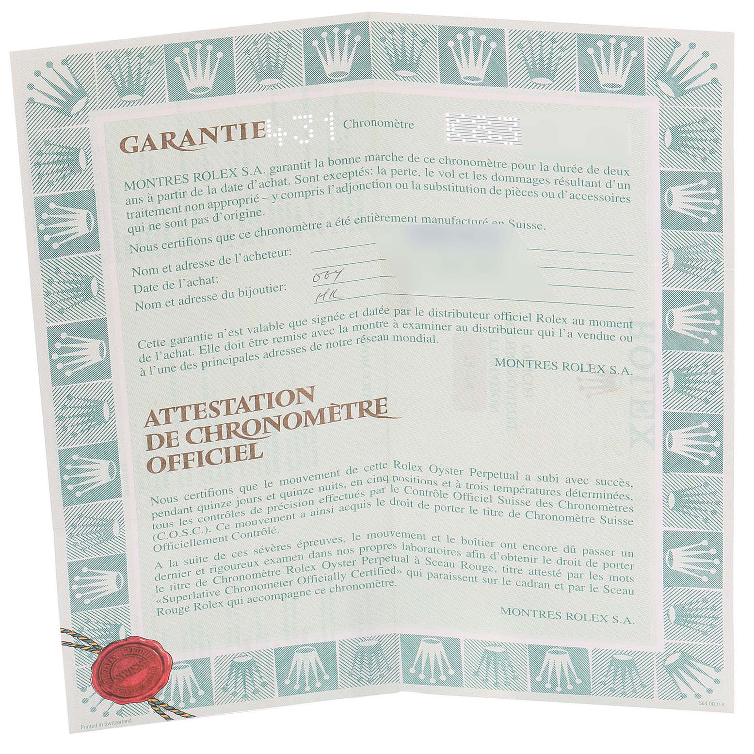 This is a warranty certificate and chronometer certification for a Rolex Datejust 79174 Women
s Stainless Steel Silver Dial 79174 Women
s Stainless Steel Silver Dial model, shown flat with detailed text and logos.