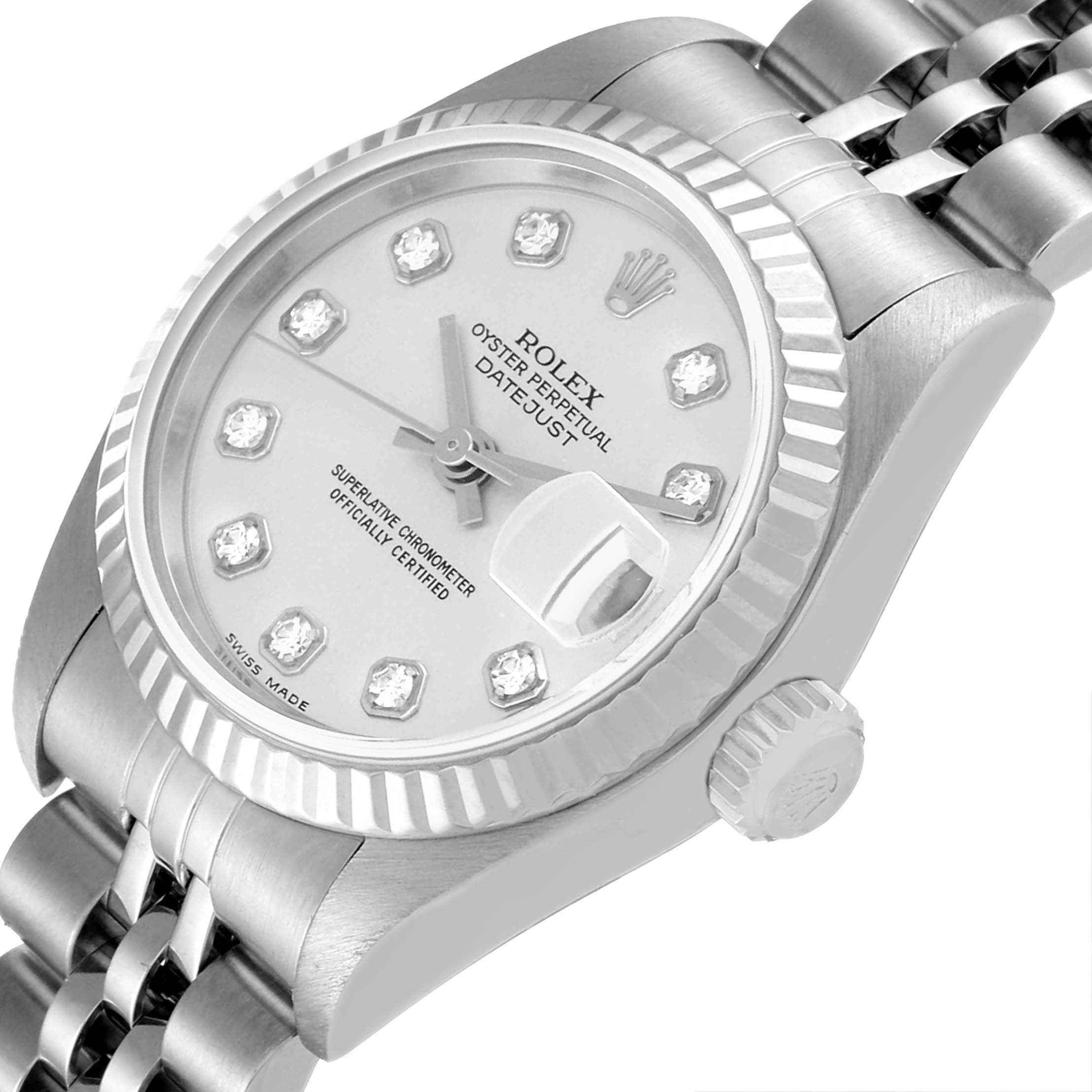 The image shows a close-up, angled view of the Rolex Datejust 79174 Women
s Stainless Steel Silver Dial 79174 Women
s Stainless Steel Silver Dial watch, highlighting the dial, bezel, crown, and part of the bracelet.