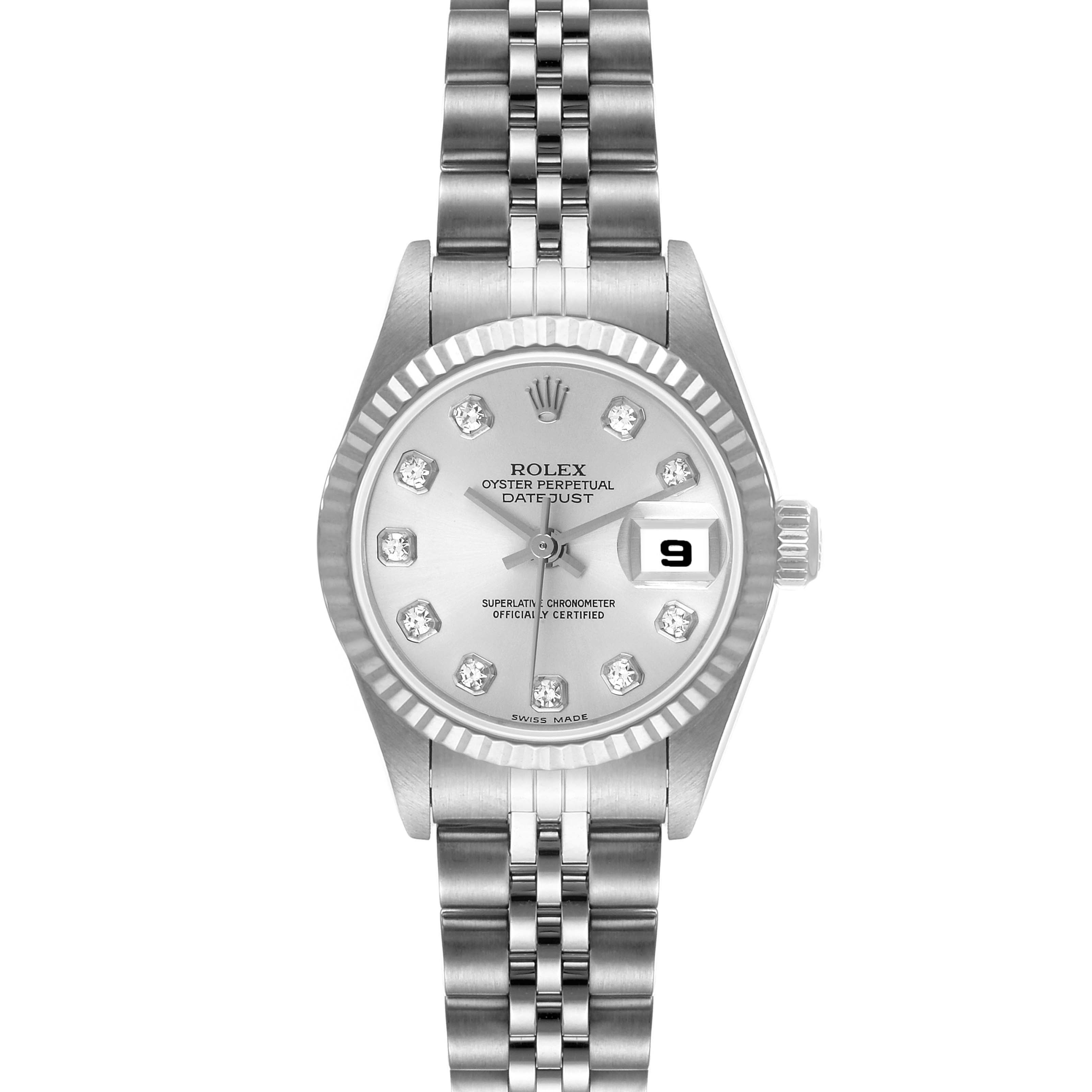 The image shows a front view of a Rolex Datejust 79174 Women
s Stainless Steel Silver Dial 79174 Women
s Stainless Steel Silver Dial watch, featuring its face, dial, bezel, and bracelet.