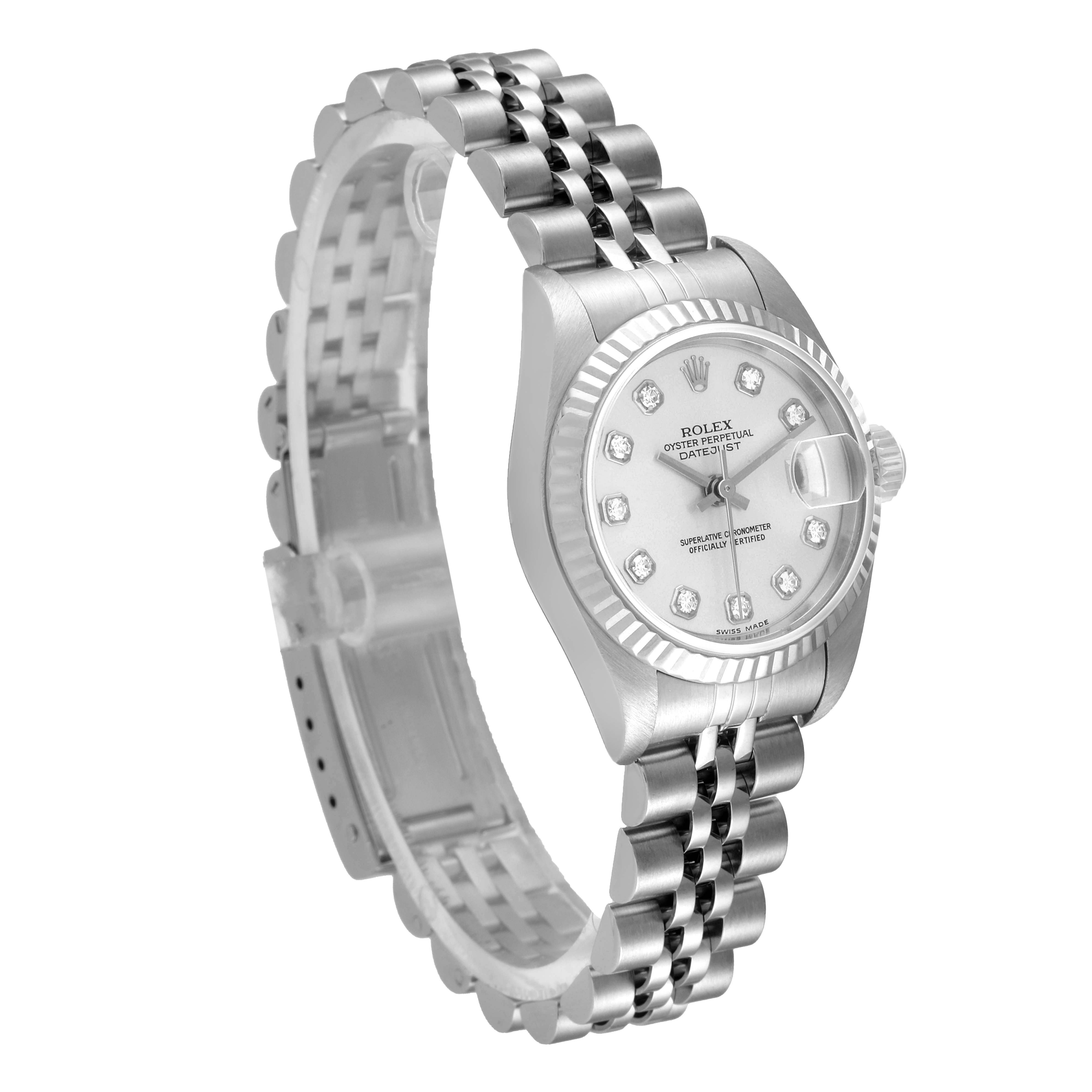 The image shows a side view of a Rolex Datejust 79174 Women
s Stainless Steel Silver Dial 79174 Women
s Stainless Steel Silver Dial watch, highlighting the bezel, dial, bracelet, and crown.