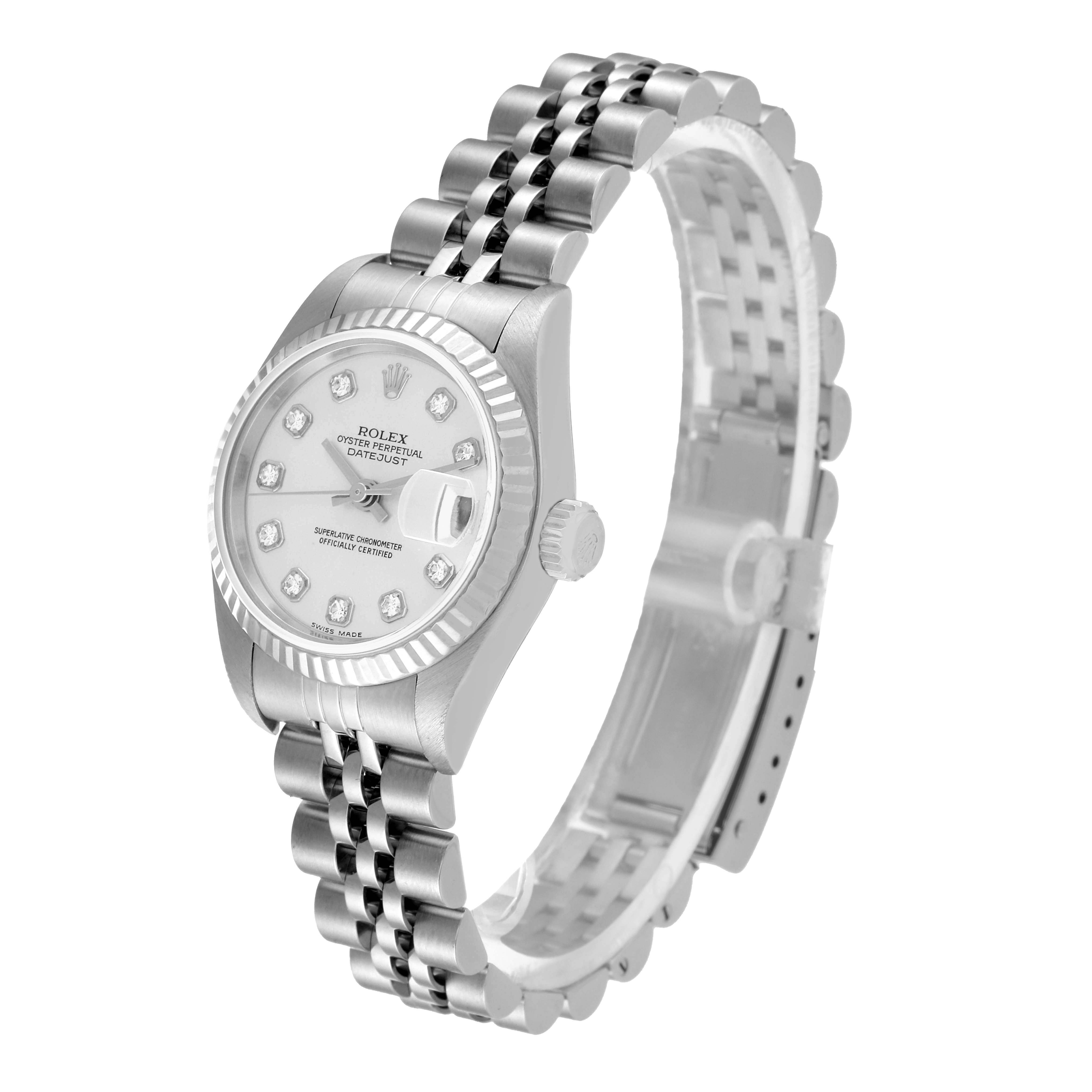 The Rolex Datejust 79174 Women
s Stainless Steel Silver Dial 79174 Women
s Stainless Steel Silver Dial watch is shown at a three-quarter angle, highlighting its bracelet, bezel, dial, and crown.