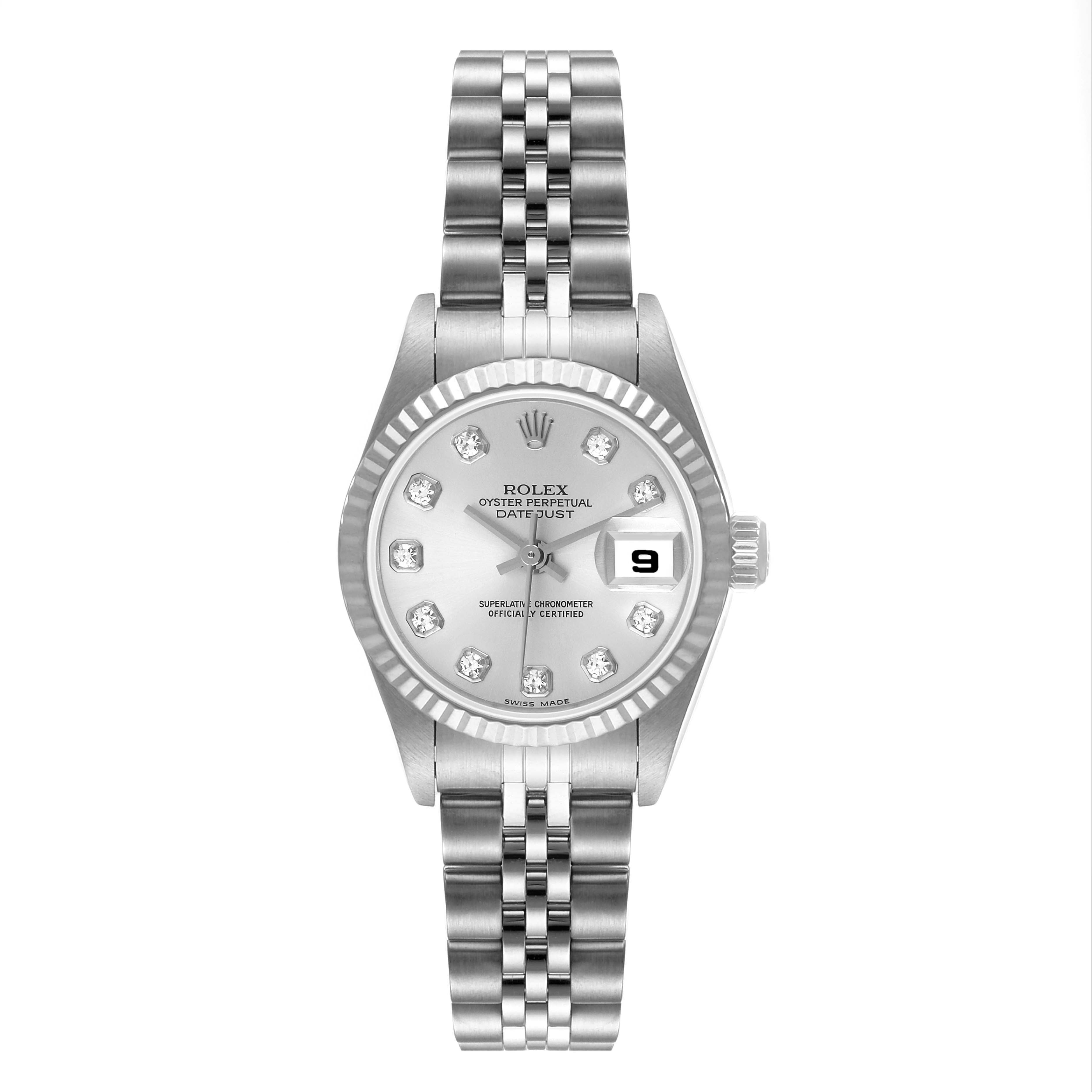 The Rolex Datejust 79174 Women
s Stainless Steel Silver Dial 79174 Women
s Stainless Steel Silver Dial watch is shown from a straight-on angle, displaying the full dial, bezel, and bracelet.