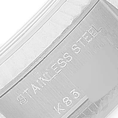 This image shows a close-up of the stainless steel bracelet with markings on the Rolex Datejust 79174 Women
s Stainless Steel Silver Dial 79174 Women
s Stainless Steel Silver Dial watch.