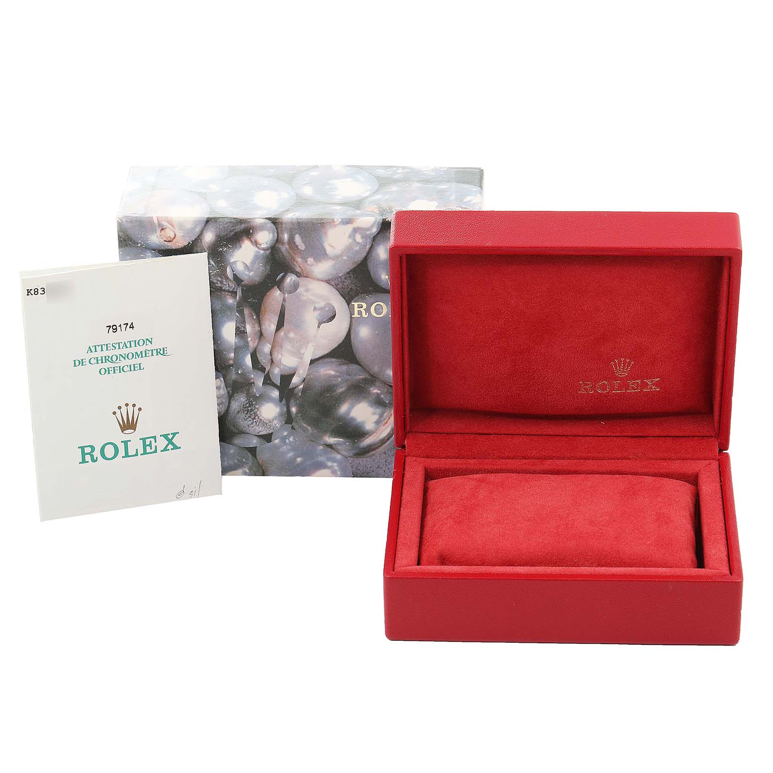 The image shows the packaging and certificate for a Rolex Datejust 79174 Women
s Stainless Steel Silver Dial 79174 Women
s Stainless Steel Silver Dial watch, including the outer box, red inner box, and official documentation.
