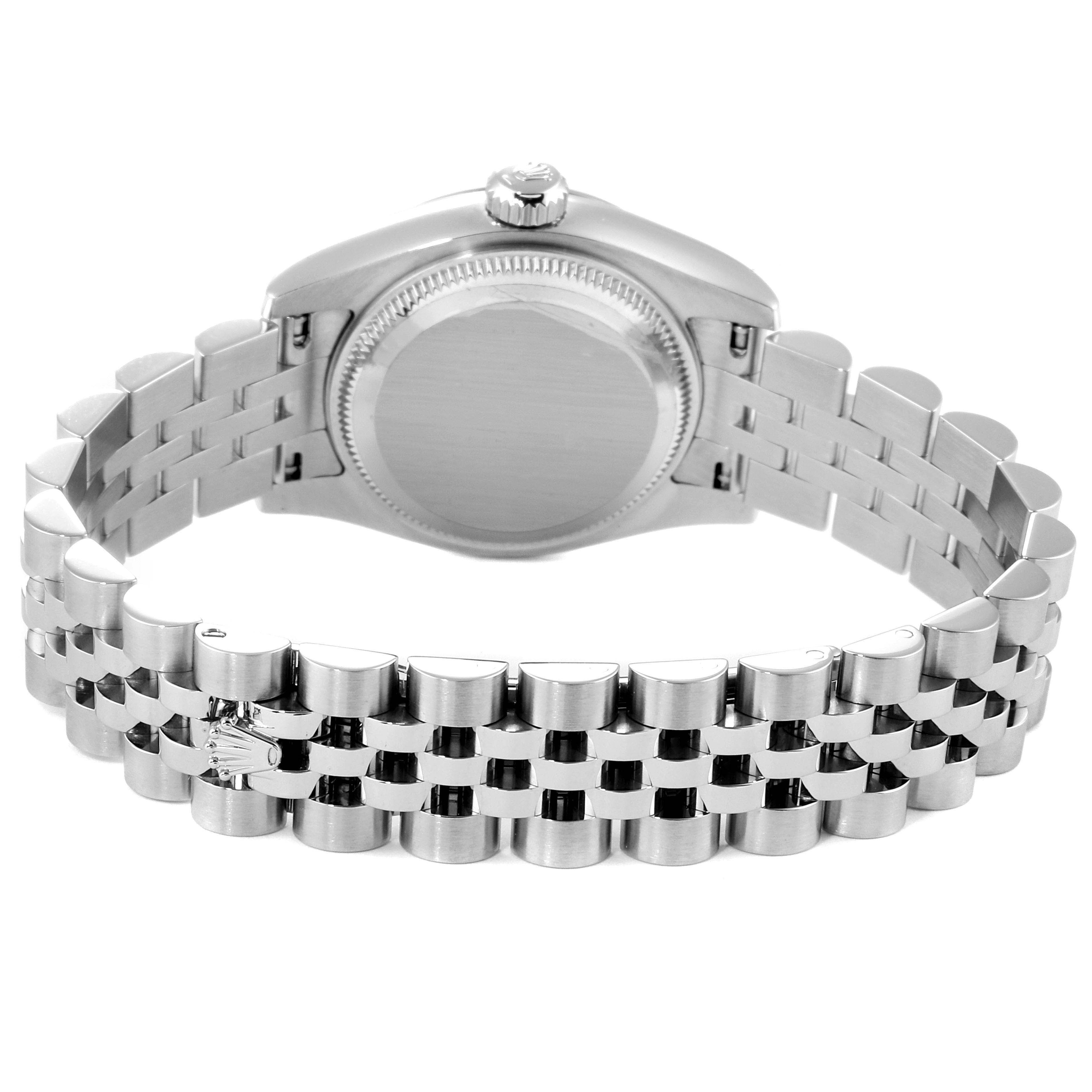 This is a rear view of the Rolex Datejust 179174 Women
s Stainless Steel Mother of Pearl Dial 179174 Women
s Stainless Steel Mother of Pearl Dial watch showing its case back and Jubilee bracelet.