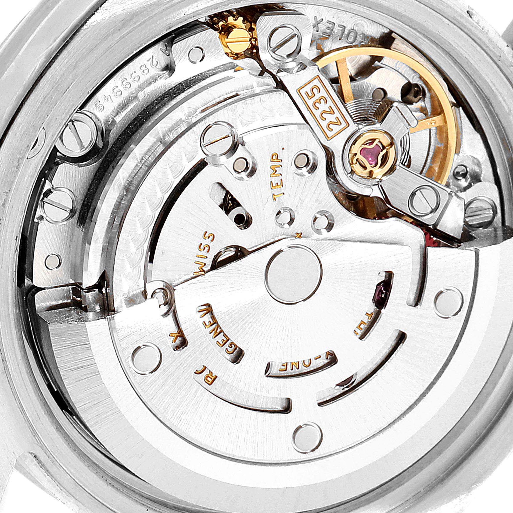 This image shows a close-up view of the Rolex Datejust 179174 Women
s Stainless Steel Mother of Pearl Dial 179174 Women
s Stainless Steel Mother of Pearl Dial watch
s movement mechanism.