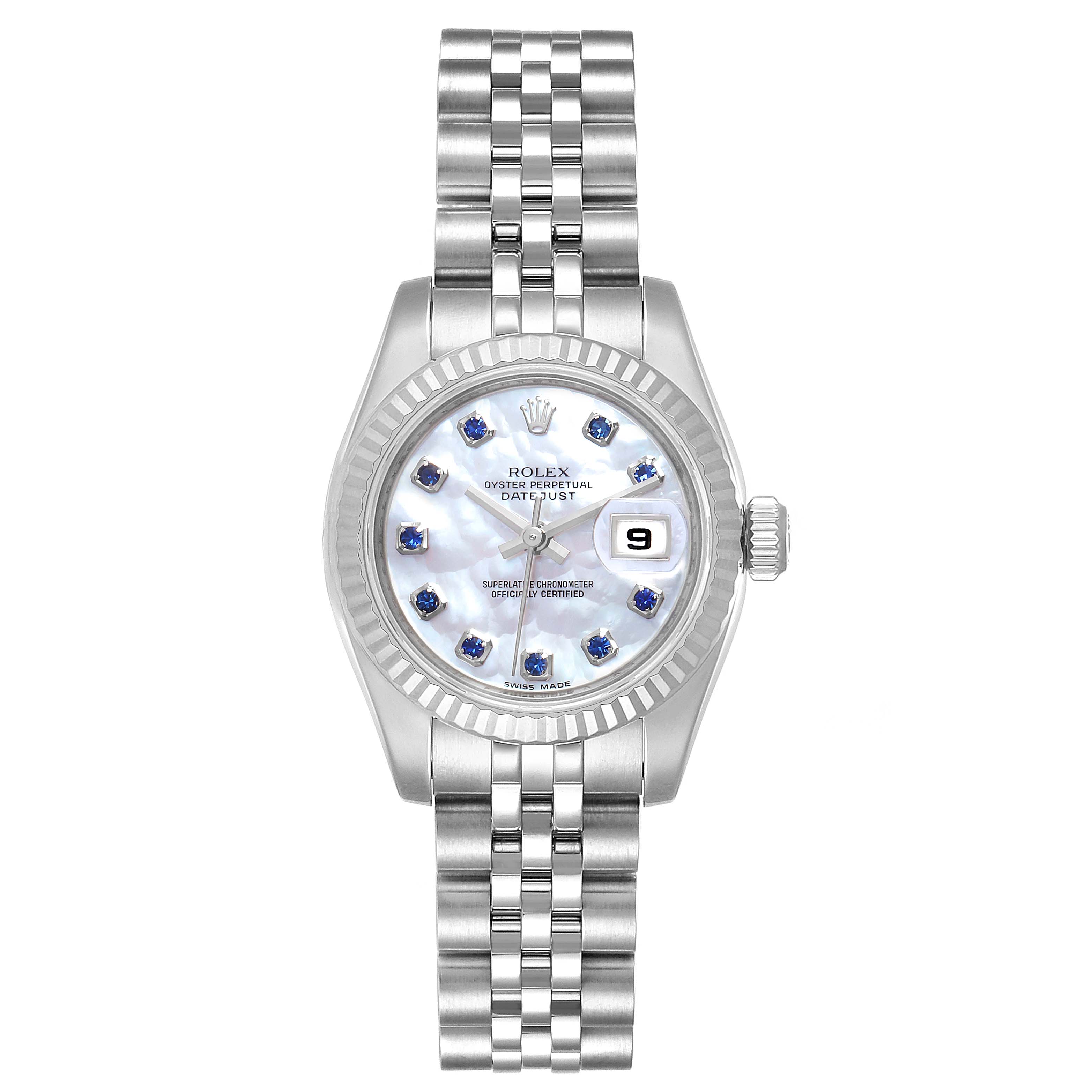 The Rolex Datejust 179174 Women
s Stainless Steel Mother of Pearl Dial 179174 Women
s Stainless Steel Mother of Pearl Dial watch is shown from a front angle, highlighting its dial, bezel, bracelet, and crown.