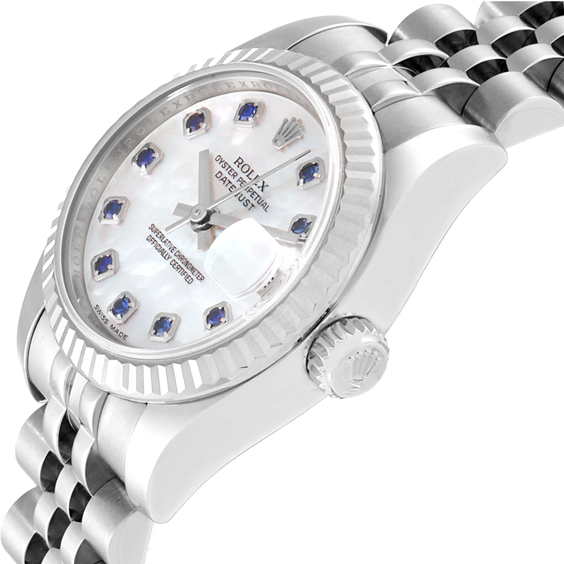This image shows a side view of a Rolex Datejust 179174 Women
s Stainless Steel Mother of Pearl Dial 179174 Women
s Stainless Steel Mother of Pearl Dial watch, highlighting its crown, bracelet, and part of the dial.