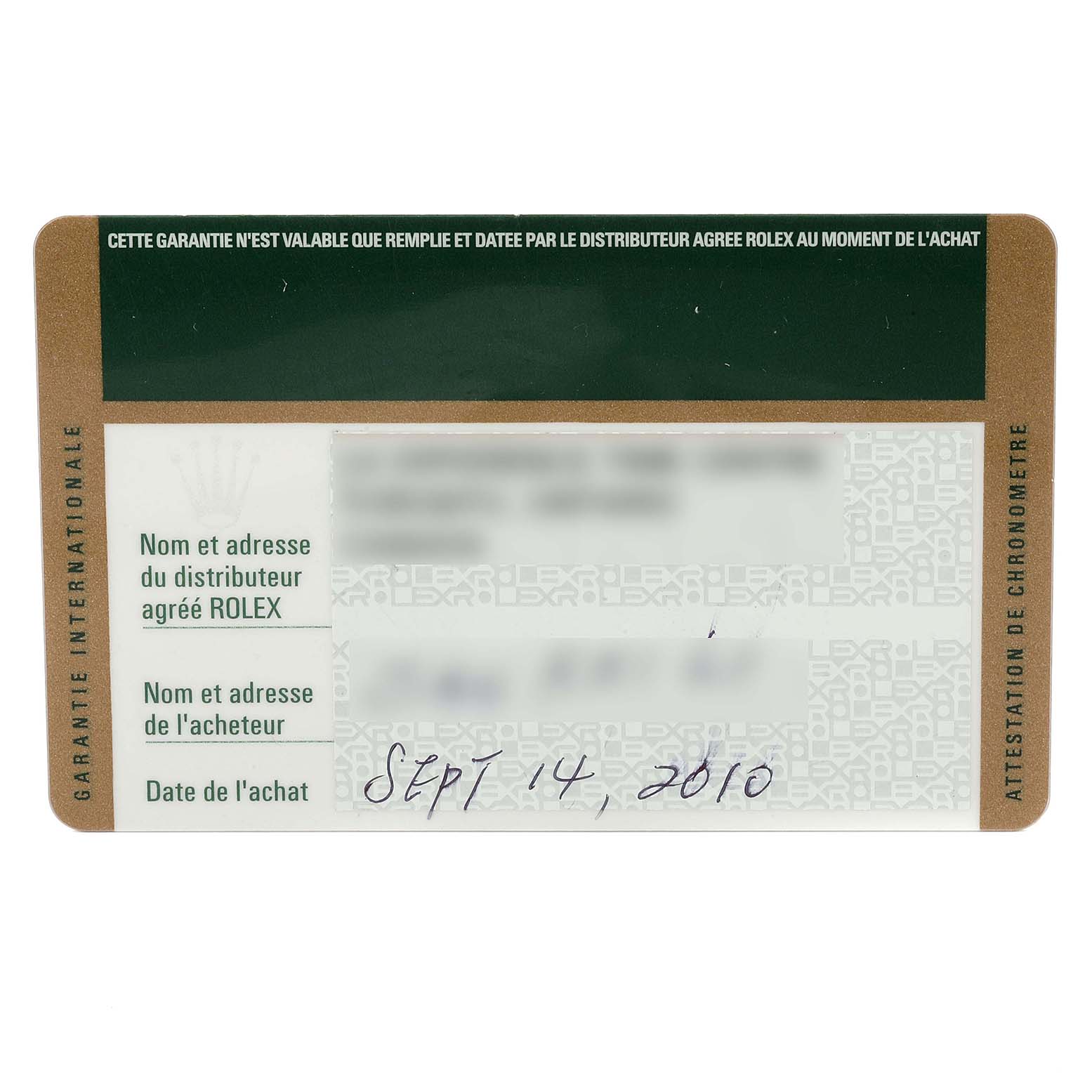 This image shows the warranty card for a Rolex Datejust 179174 Women
s Stainless Steel Mother of Pearl Dial 179174 Women
s Stainless Steel Mother of Pearl Dial watch.