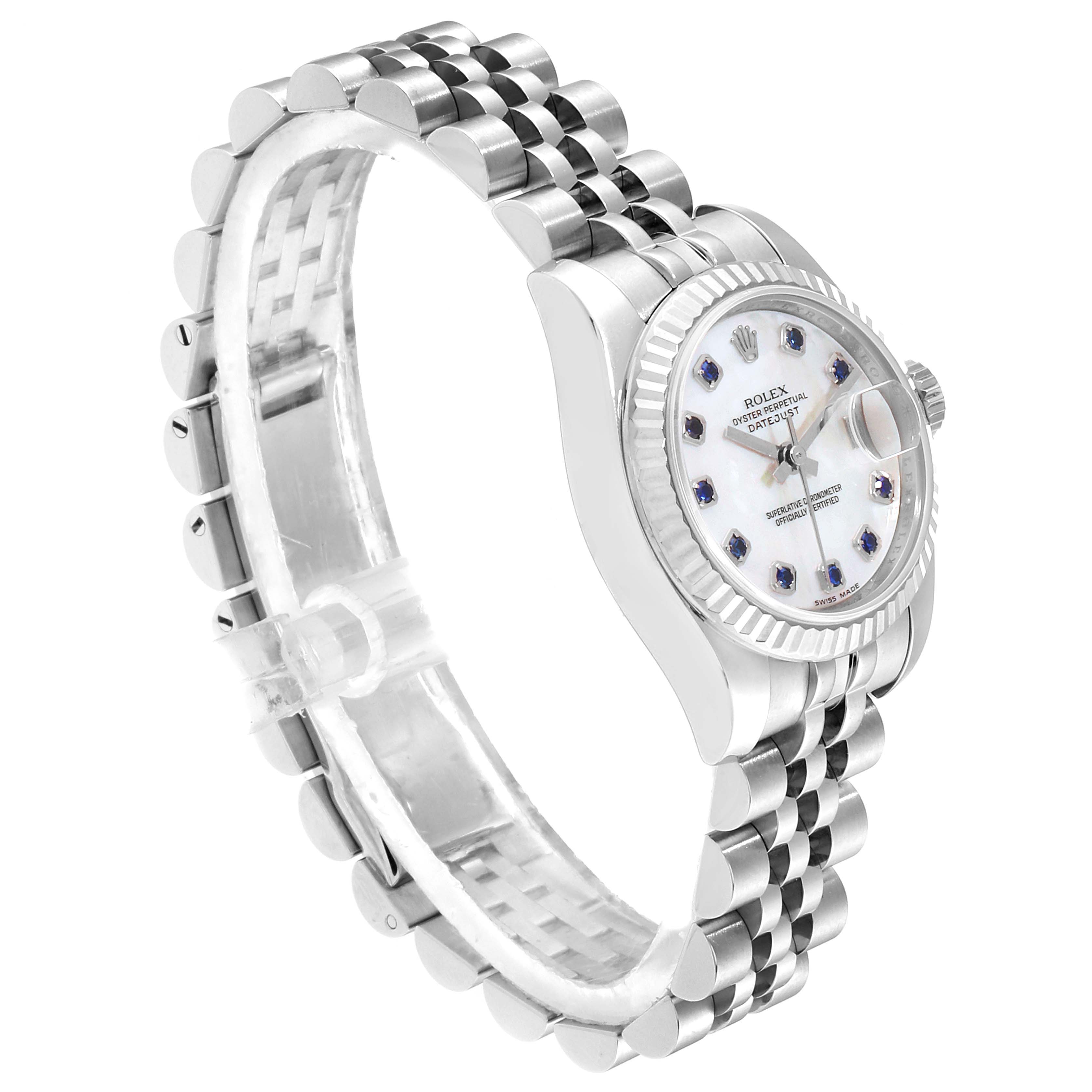 This image shows a side angle of a Rolex Datejust 179174 Women
s Stainless Steel Mother of Pearl Dial 179174 Women
s Stainless Steel Mother of Pearl Dial watch, highlighting its dial, bezel, and Jubilee bracelet.