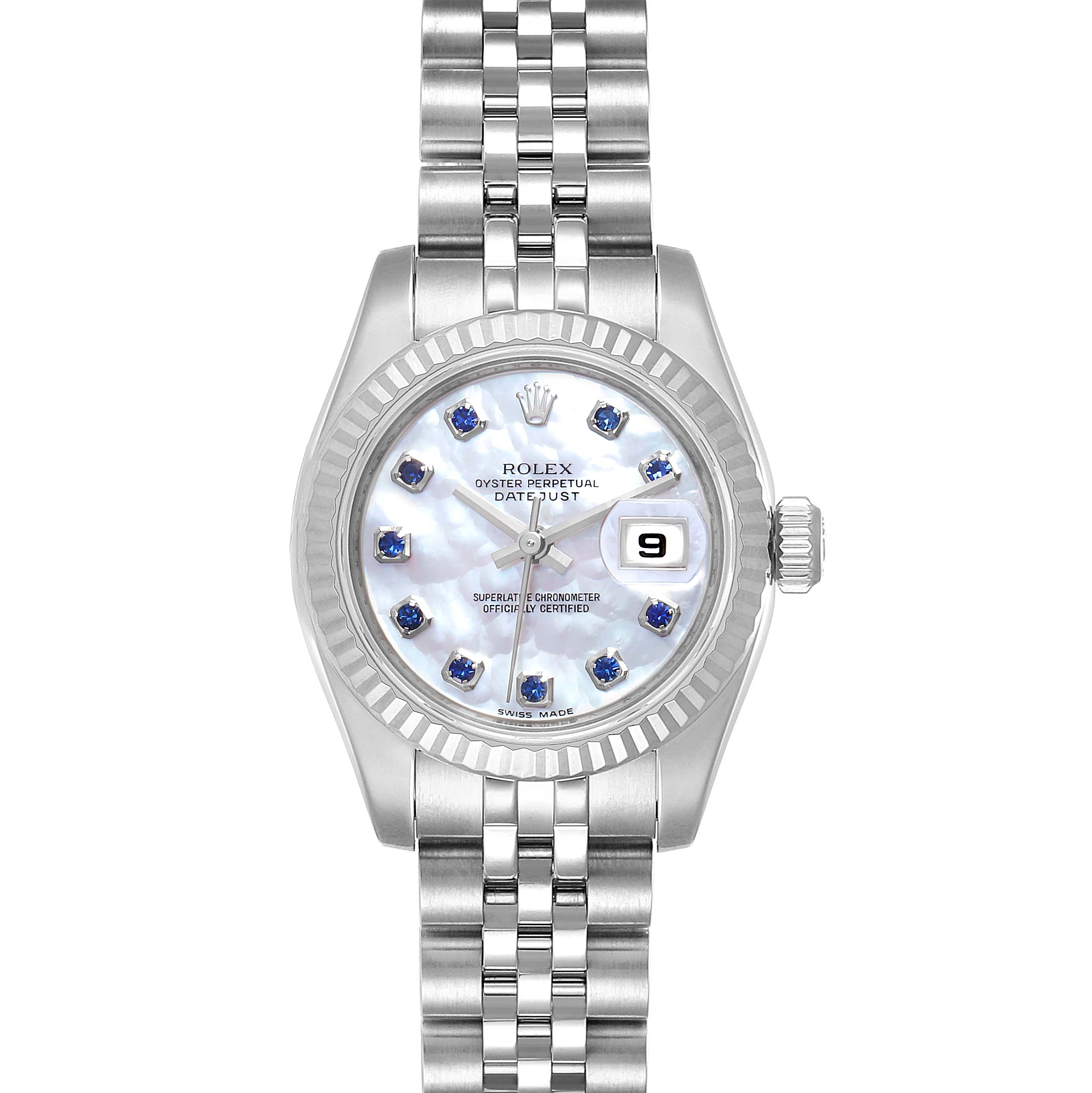 The image shows a Rolex Datejust 179174 Women
s Stainless Steel Mother of Pearl Dial 179174 Women
s Stainless Steel Mother of Pearl Dial watch from a top-down perspective, displaying its dial, bezel, crown, and part of the bracelet.