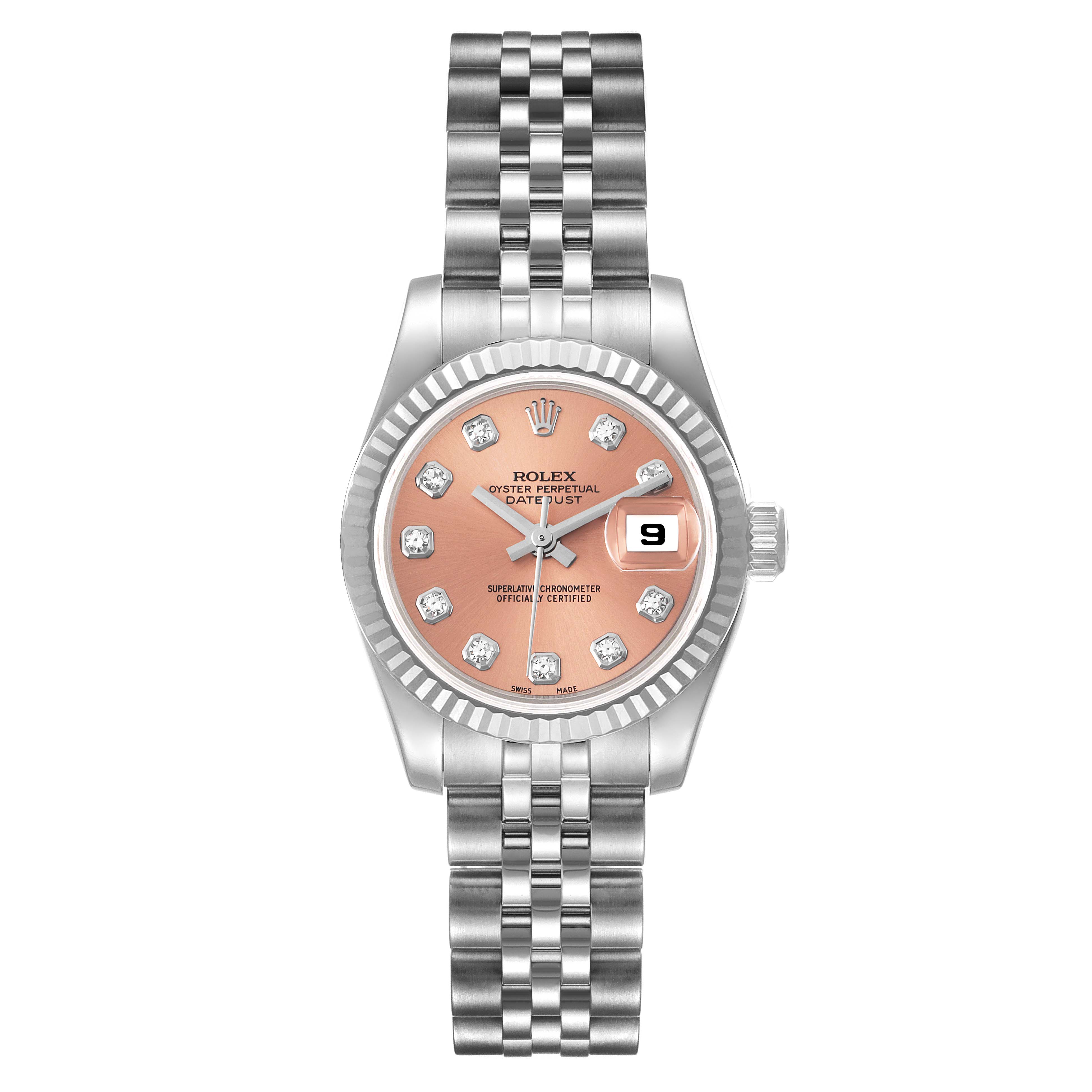 The image shows a frontal view of a Rolex Datejust 179174 Women's Stainless Steel Pink Dial 179174 Women's Stainless Steel Pink Dial watch with a pink dial, diamond hour markers, and a Jubilee bracelet.