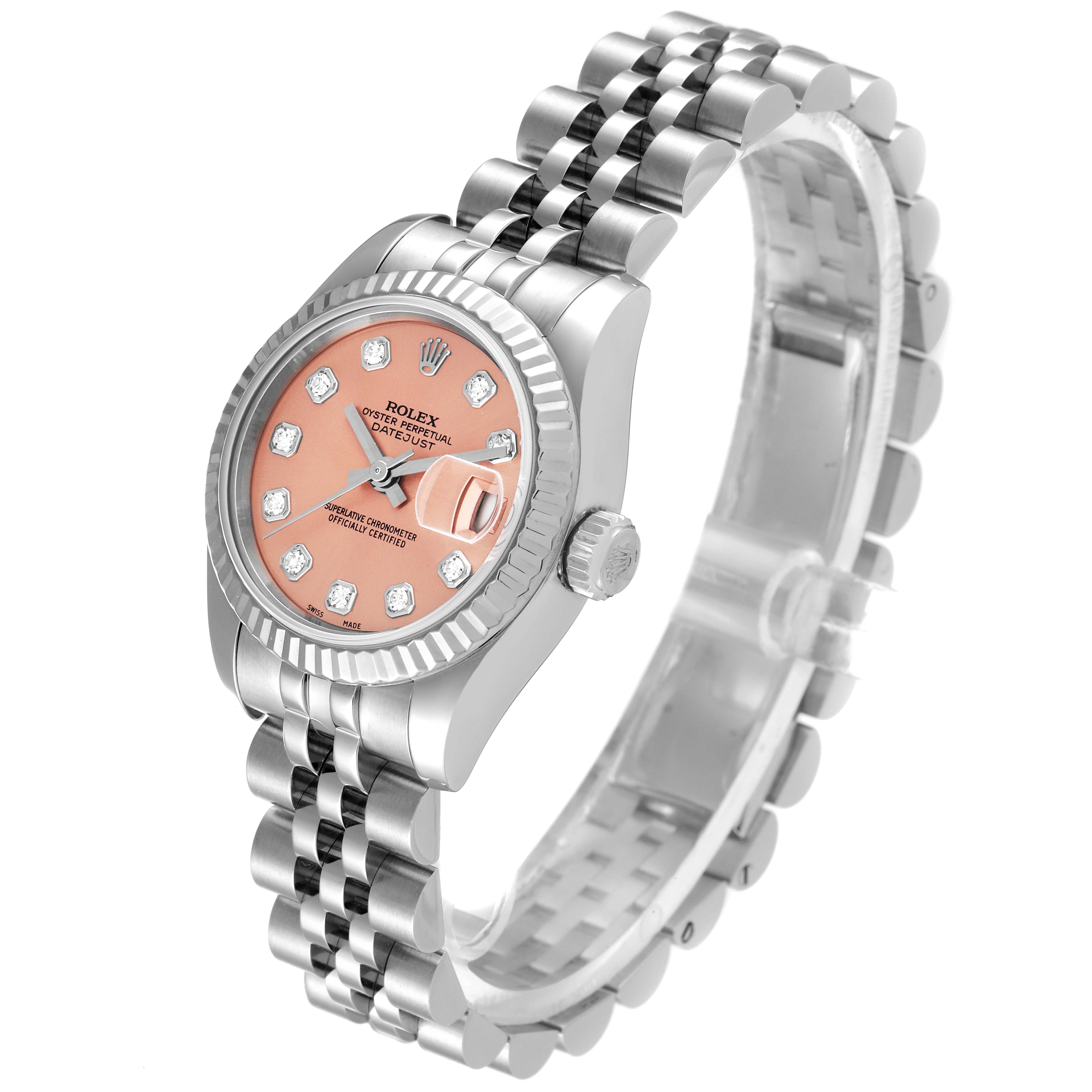The image shows a Rolex Datejust 179174 Women's Stainless Steel Pink Dial 179174 Women's Stainless Steel Pink Dial watch at a three-quarter angle, highlighting its pink dial, jubilee bracelet, and fluted bezel.