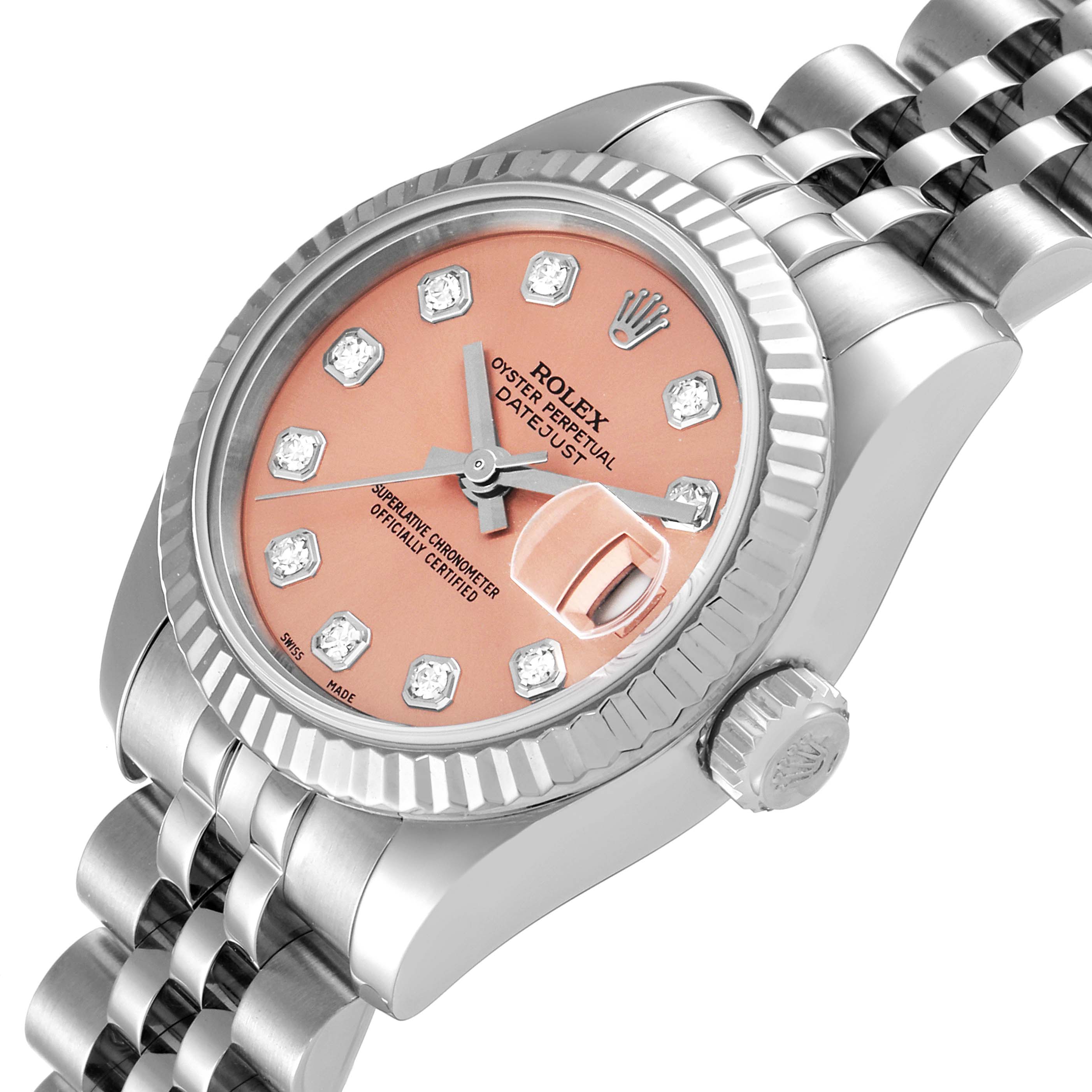 This image showcases the Rolex Datejust 179174 Women's Stainless Steel Pink Dial 179174 Women's Stainless Steel Pink Dial watch from a tilted front angle, highlighting its dial, case, crown, and bracelet.