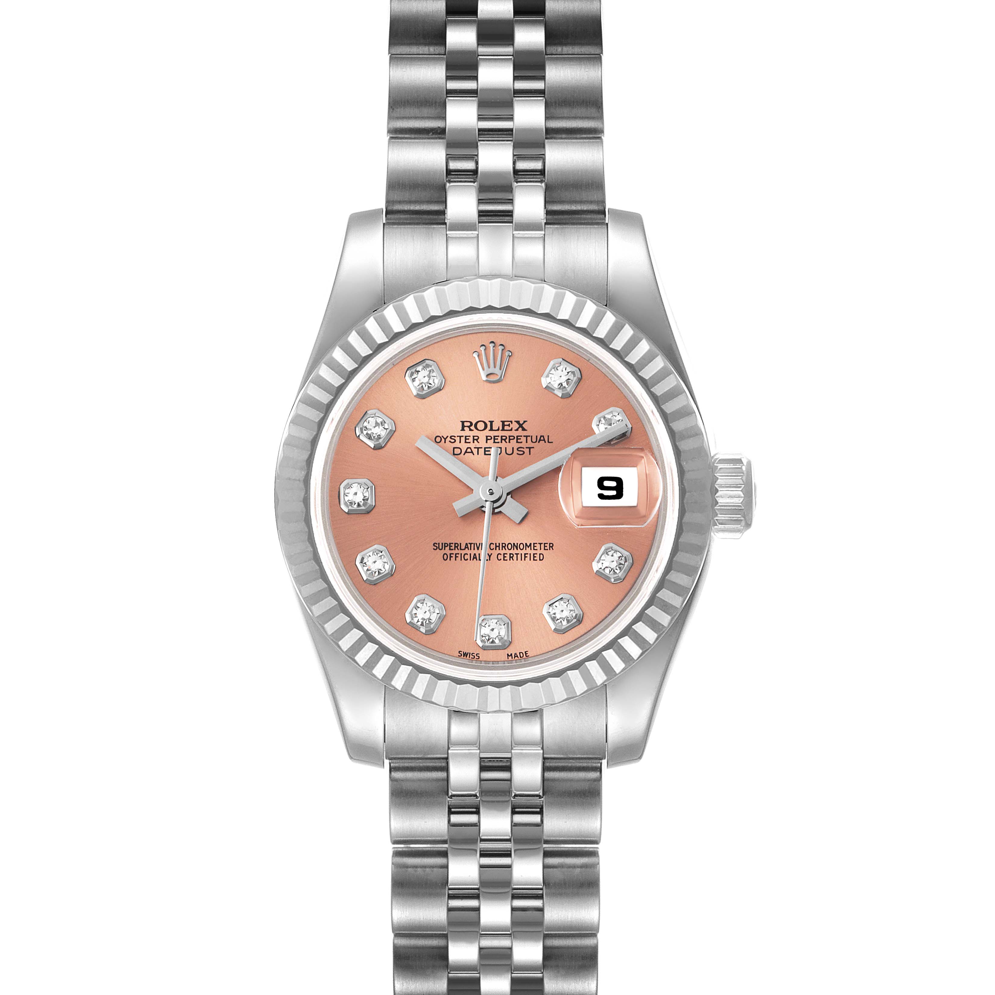 The image shows a front view of the Rolex Datejust 179174 Women's Stainless Steel Pink Dial 179174 Women's Stainless Steel Pink Dial watch, featuring a pink dial, diamond hour markers, and a Jubilee bracelet.