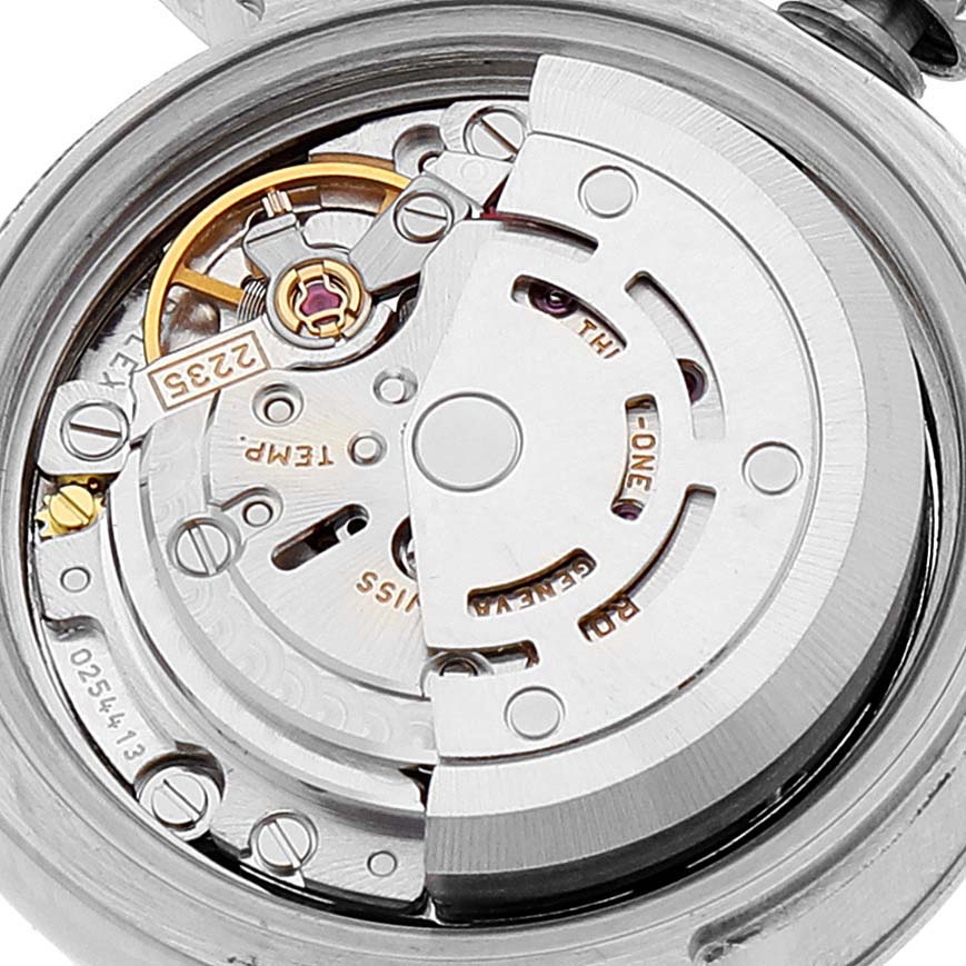 The image shows the inner mechanical movement of a Rolex Datejust 179174 Women's Stainless Steel Pink Dial 179174 Women's Stainless Steel Pink Dial watch, viewed from the back.