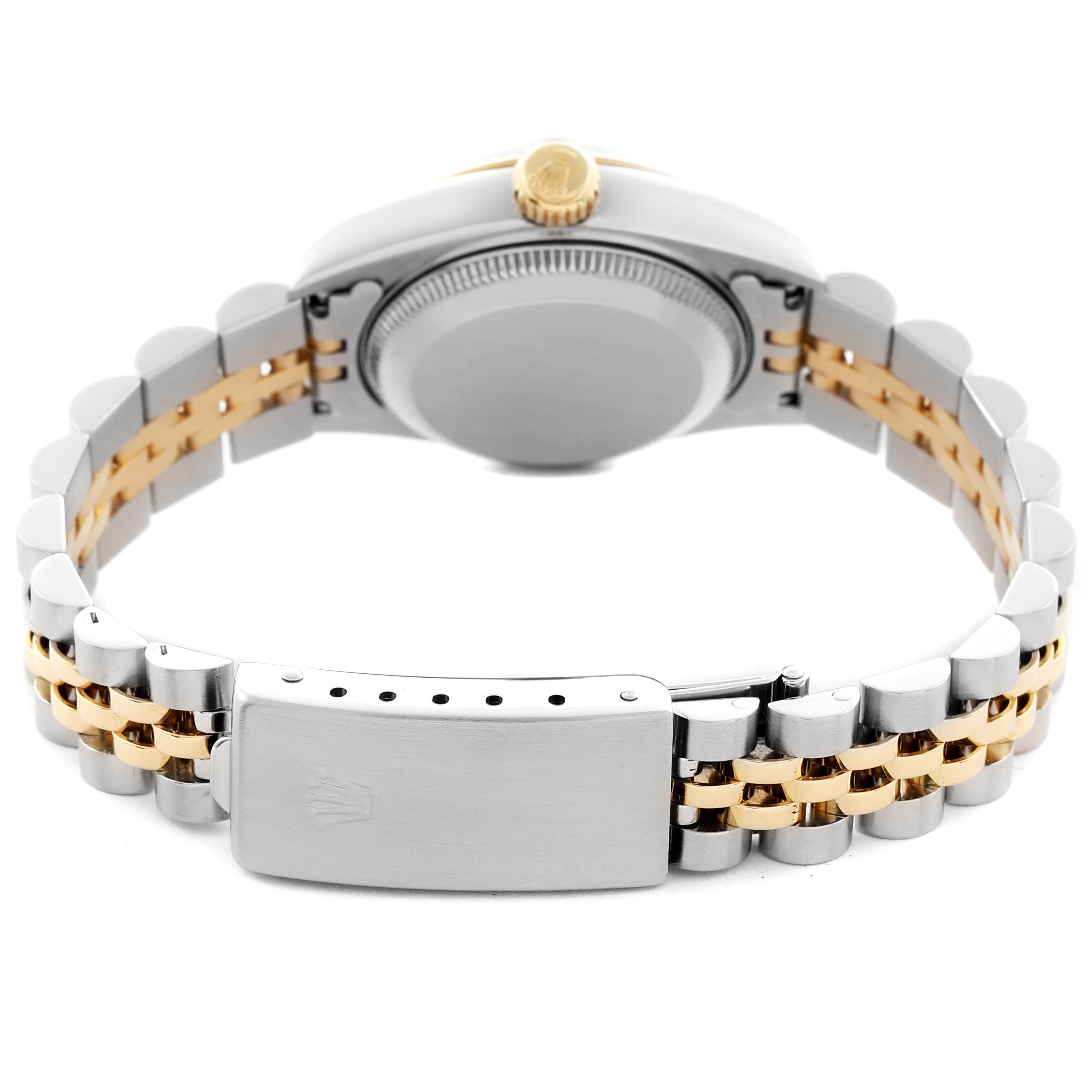The image shows the back and clasp of a Rolex Datejust 69173 Women
s Steel and Gold (two tone) Black Dial 69173 Women
s Steel and Gold (two tone) Black Dial, featuring a two-tone bracelet and case back.
