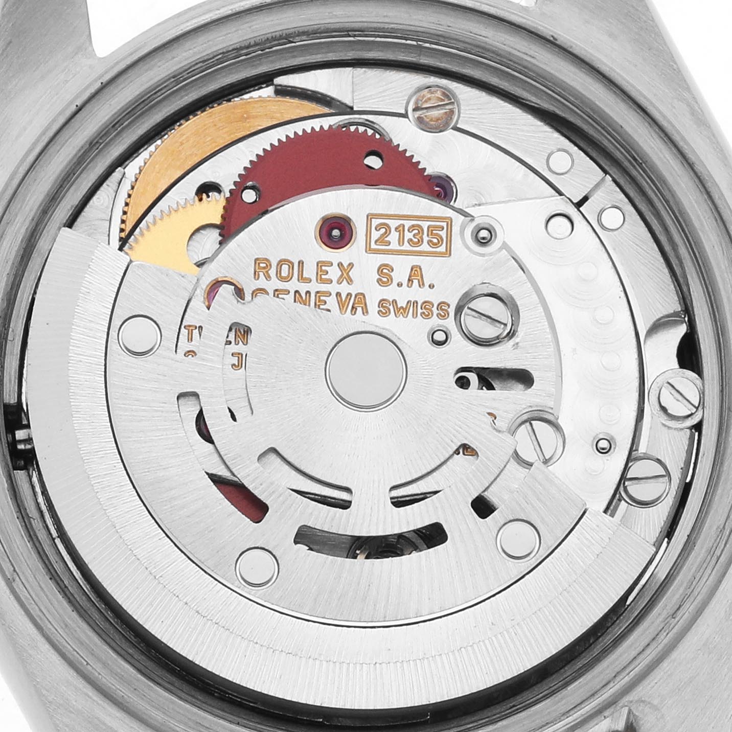 The image shows the movement of a Rolex Datejust 69173 Women
s Steel and Gold (two tone) Black Dial 69173 Women
s Steel and Gold (two tone) Black Dial watch from a back angle, highlighting its intricate internal mechanisms.