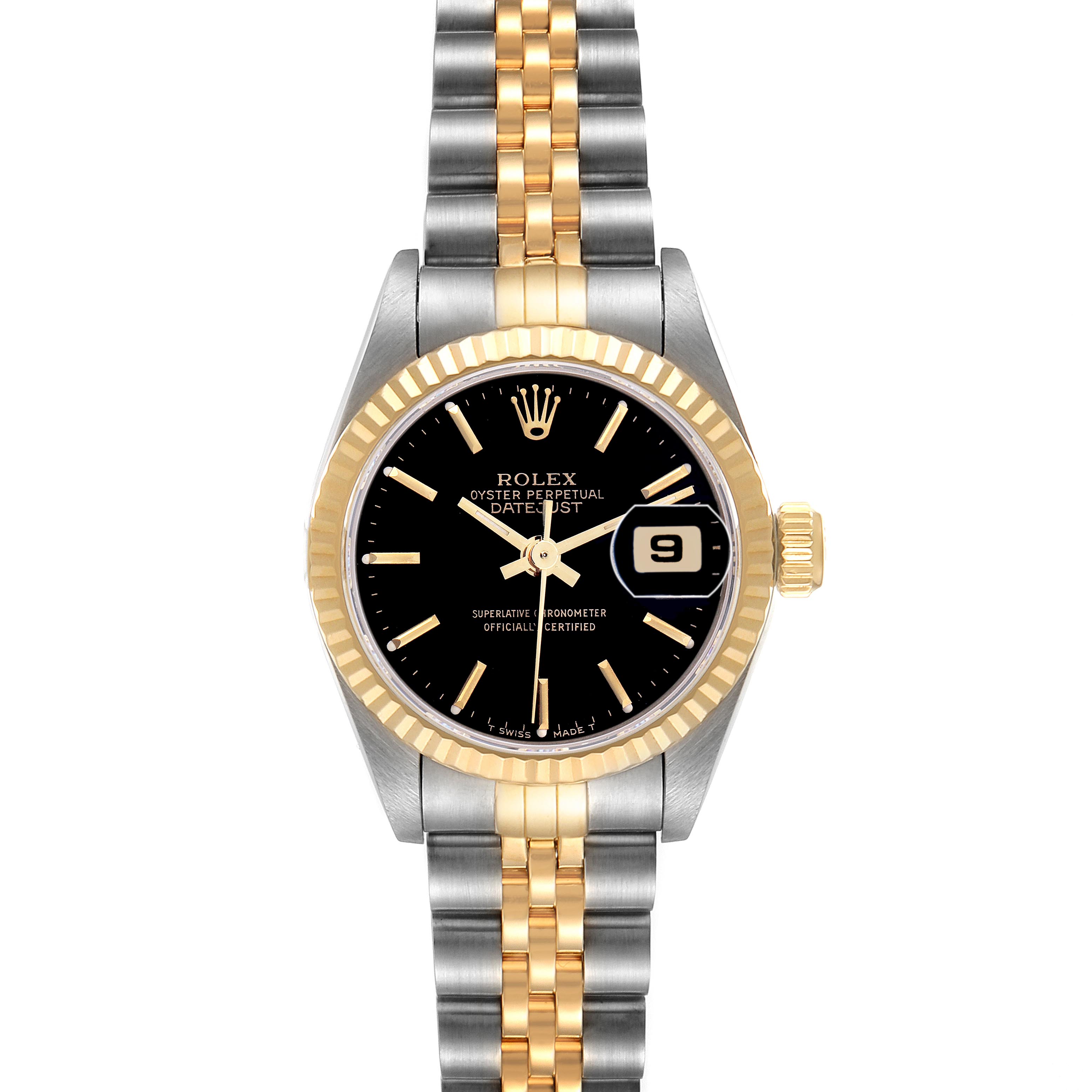 The Rolex Datejust 69173 Women
s Steel and Gold (two tone) Black Dial 69173 Women
s Steel and Gold (two tone) Black Dial watch is shown from a front angle, highlighting its black dial, gold fluted bezel, and two-tone bracelet.
