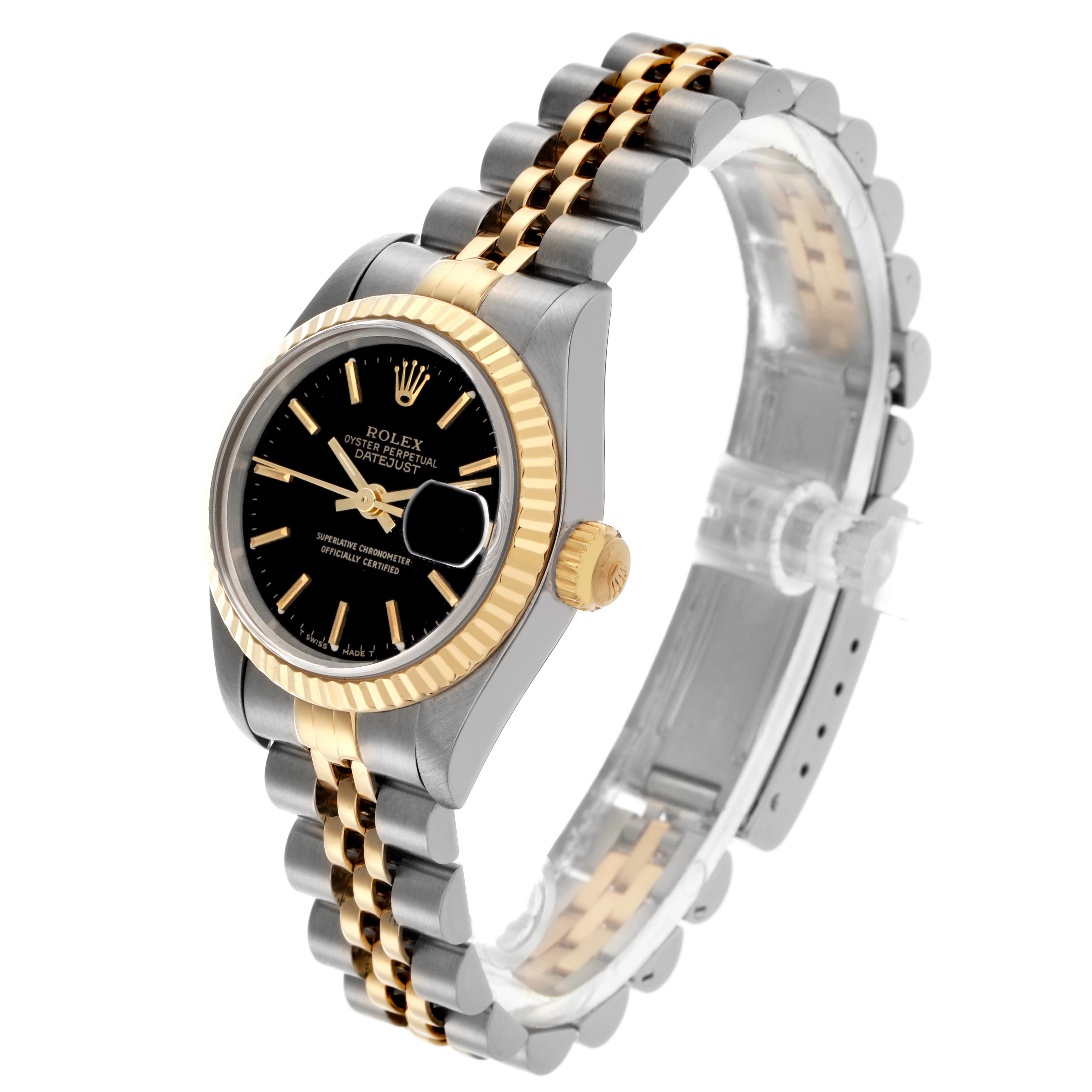 This Rolex Datejust 69173 Women
s Steel and Gold (two tone) Black Dial 69173 Women
s Steel and Gold (two tone) Black Dial watch is shown at a side angle, highlighting the face, bezel, crown, and Jubilee bracelet.