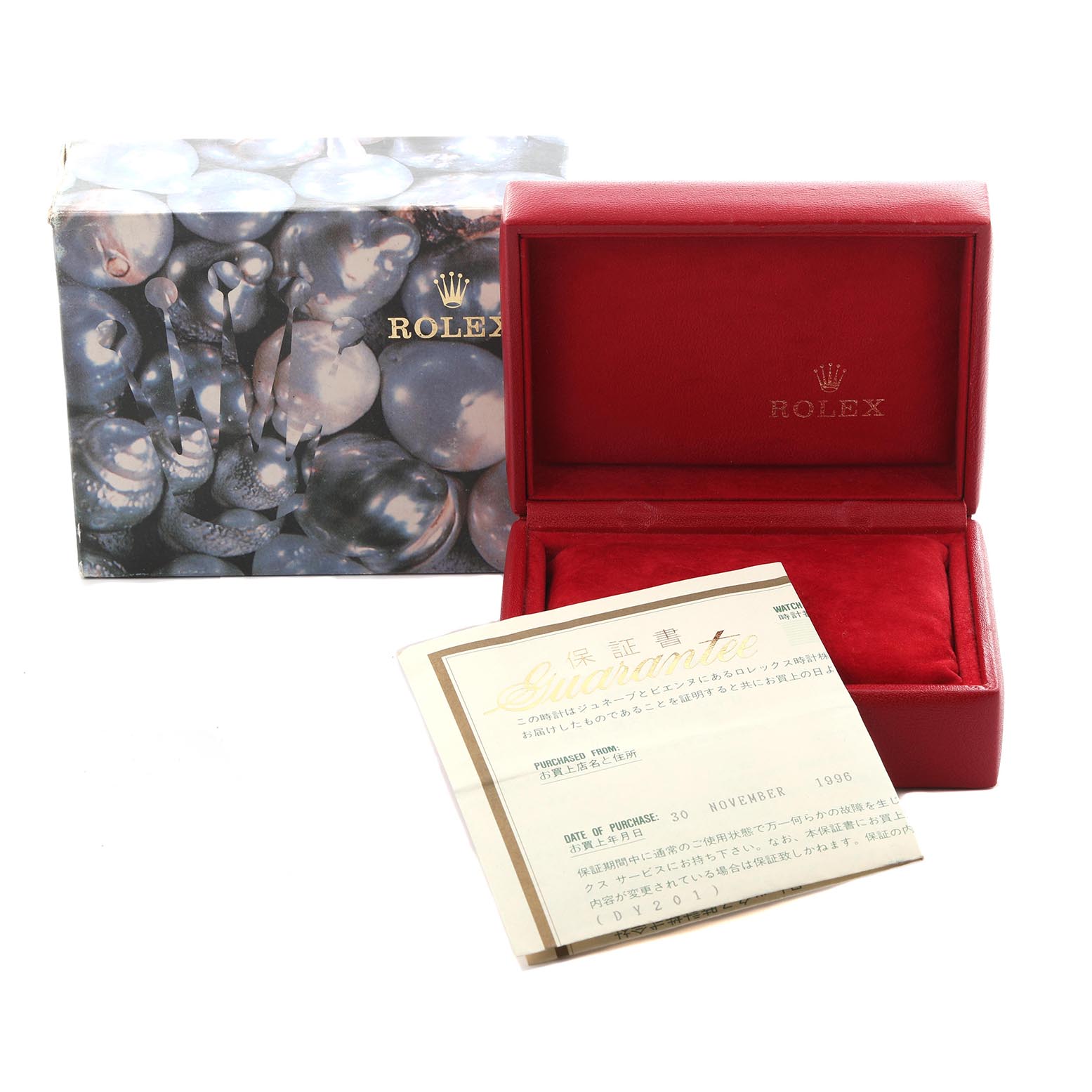 The image shows the packaging and warranty card for a Rolex Datejust 69173 Women
s Steel and Gold (two tone) Black Dial 69173 Women
s Steel and Gold (two tone) Black Dial watch, with the box open.