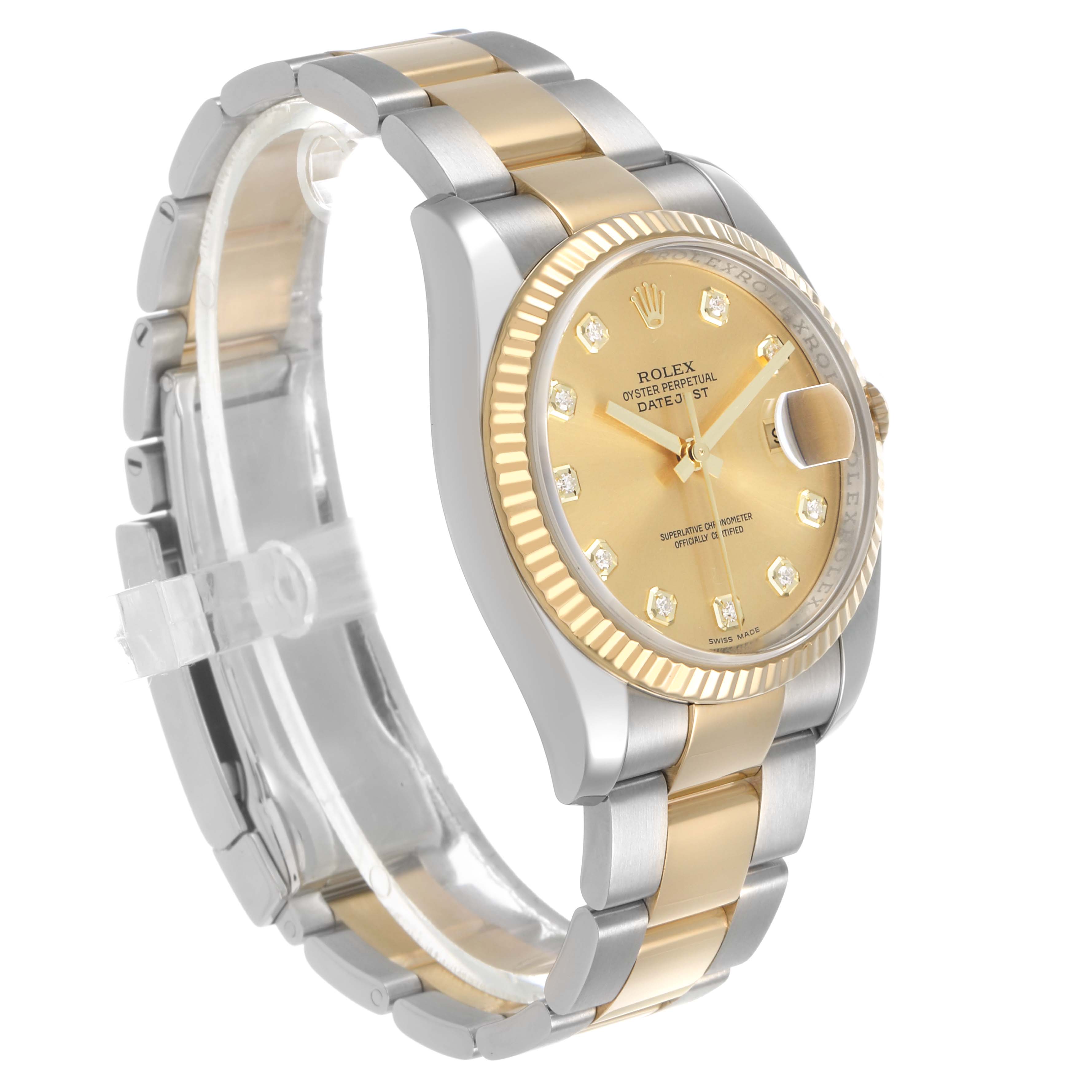 The Rolex Datejust 116233 Men's Steel and Gold (two tone) Champagne Dial watch is shown at a three-quarter angle, highlighting its gold and silver bracelet and diamond-accented dial.