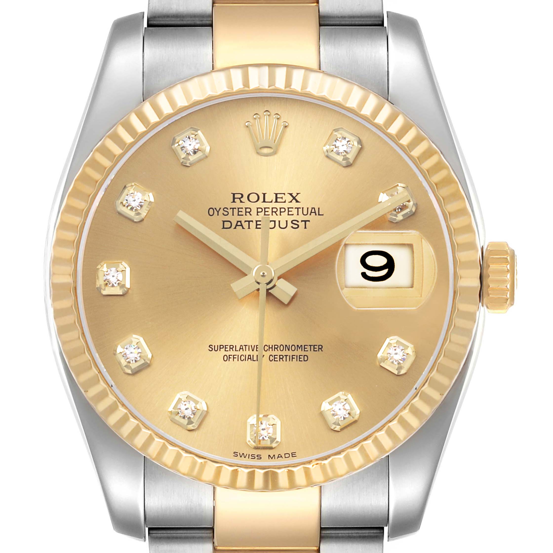 The Rolex Datejust 116233 Men's Steel and Gold (two tone) Champagne Dial watch is shown from a front angle, highlighting its dial, bezel, and part of the bracelet.