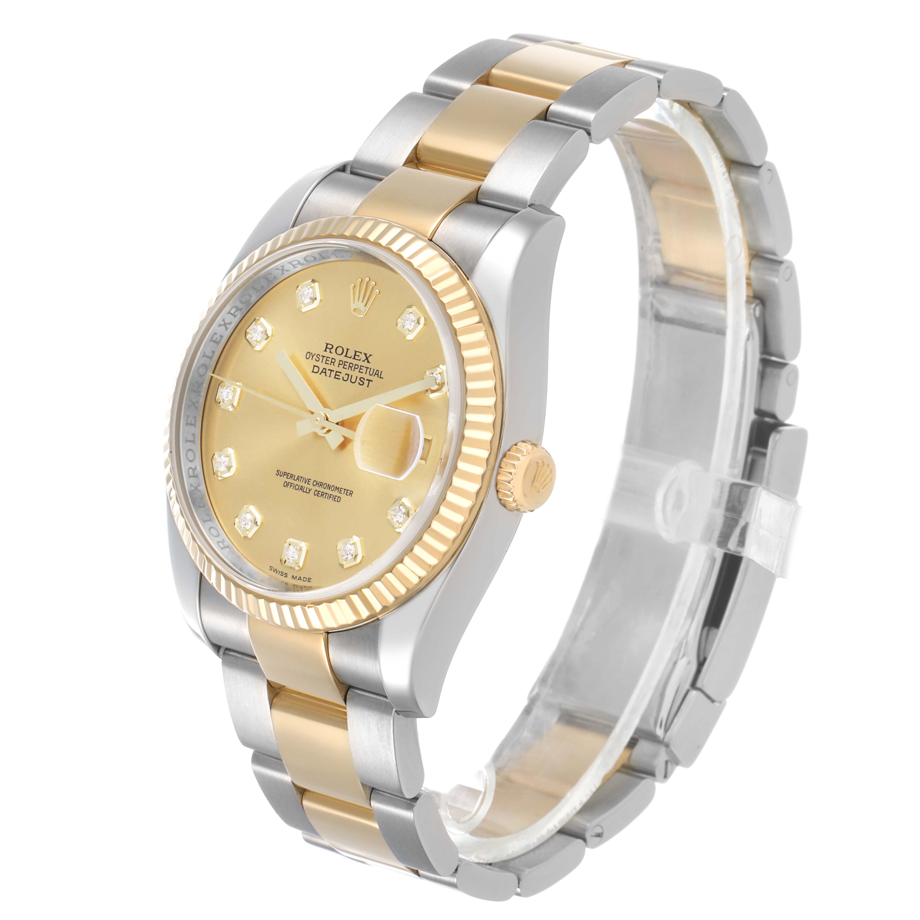The Rolex Datejust 116233 Men's Steel and Gold (two tone) Champagne Dial watch is shown at a three-quarter angle, highlighting its gold and silver bracelet, dial, and fluted bezel.