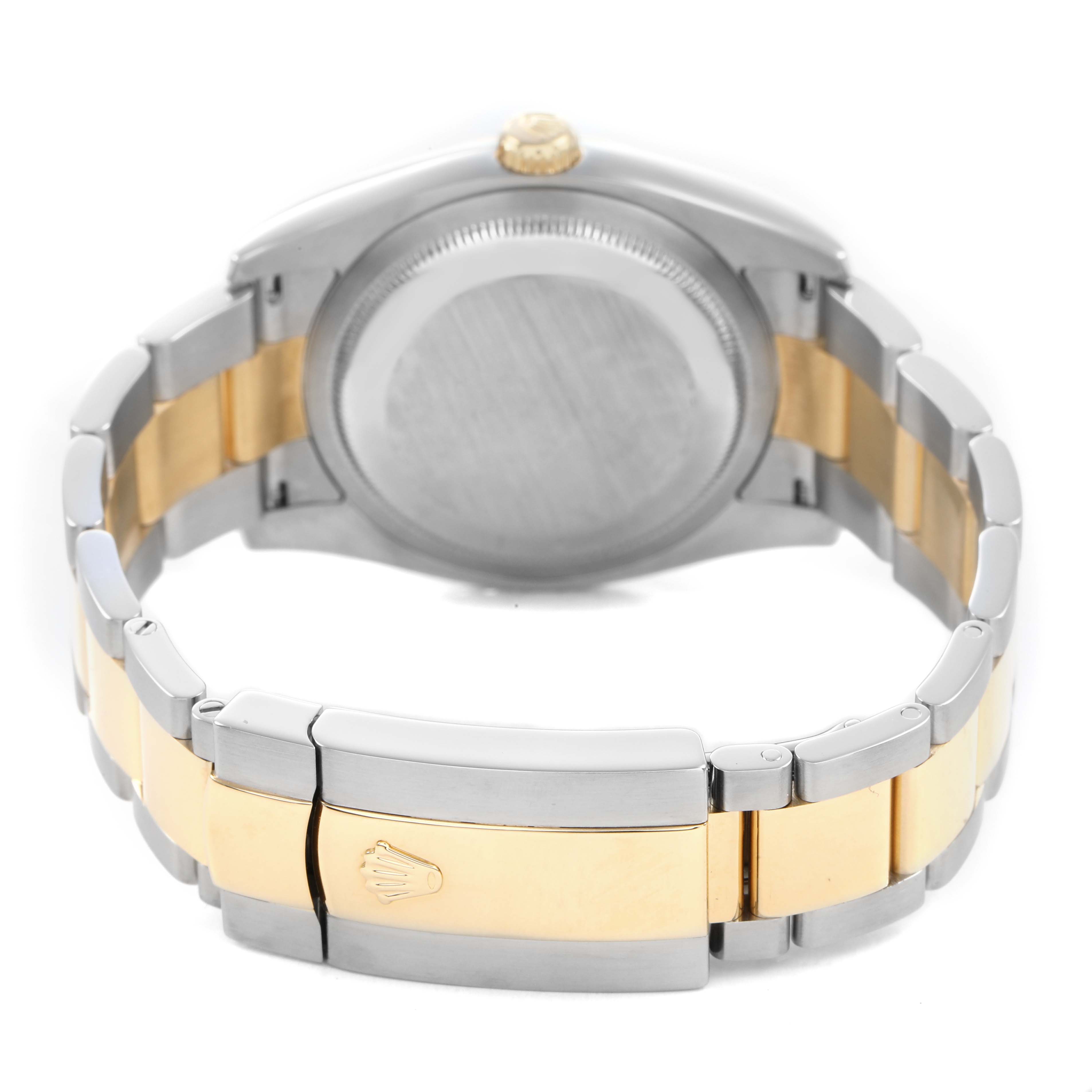 The image shows the back of a Rolex Datejust 116233 Men's Steel and Gold (two tone) Champagne Dial watch, highlighting the case back and bracelet clasp from a rear angle.