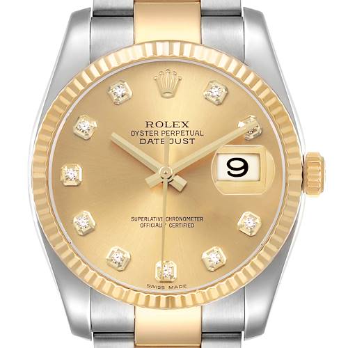 The image shows a front view of the Rolex Datejust 116233 Men's Steel and Gold (two tone) Champagne Dial watch, highlighting the gold dial, fluted bezel, and diamond hour markers.