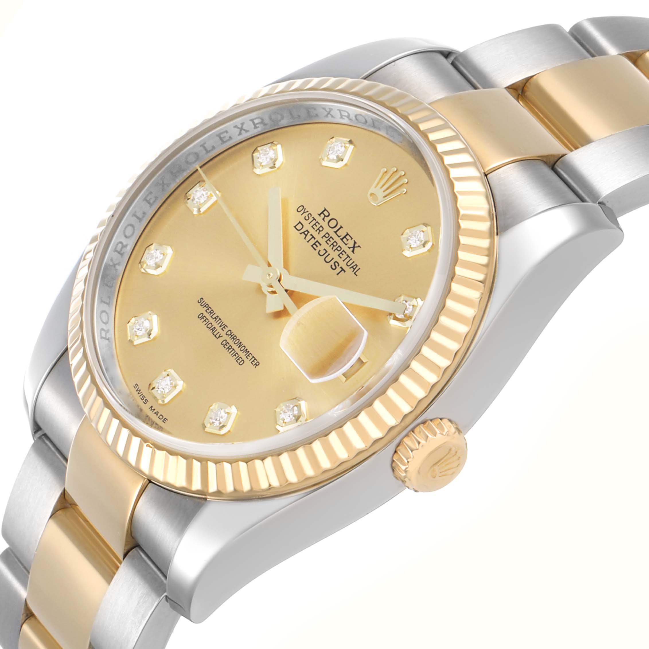 The Rolex Datejust 116233 Men's Steel and Gold (two tone) Champagne Dial watch is shown at a three-quarter angle, highlighting the dial, bezel, crown, and part of the bracelet.