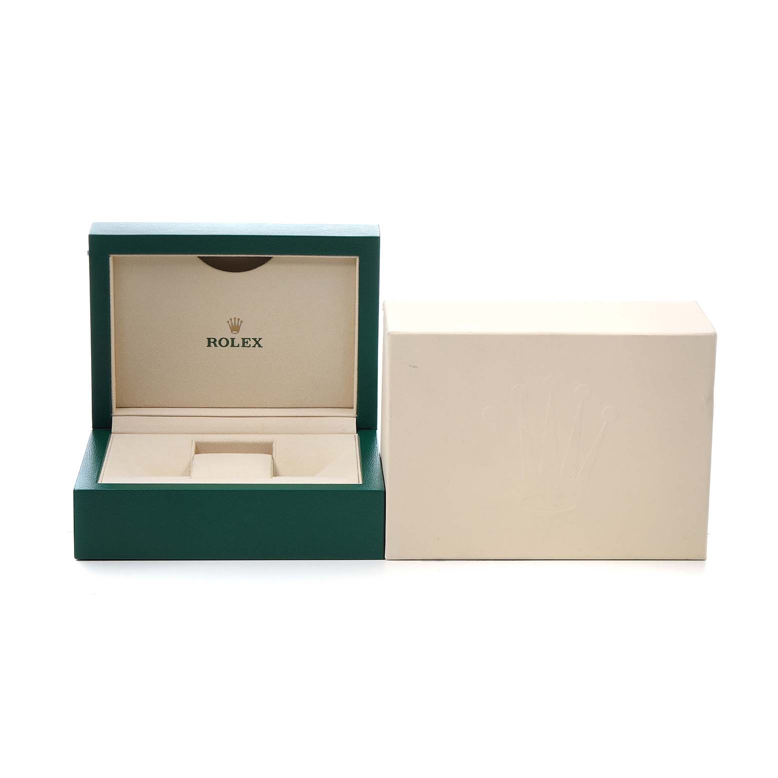 The image shows an open Rolex Datejust 116233 Men's Steel and Gold (two tone) Champagne Dial box with its lid upright, alongside a matching outer box.